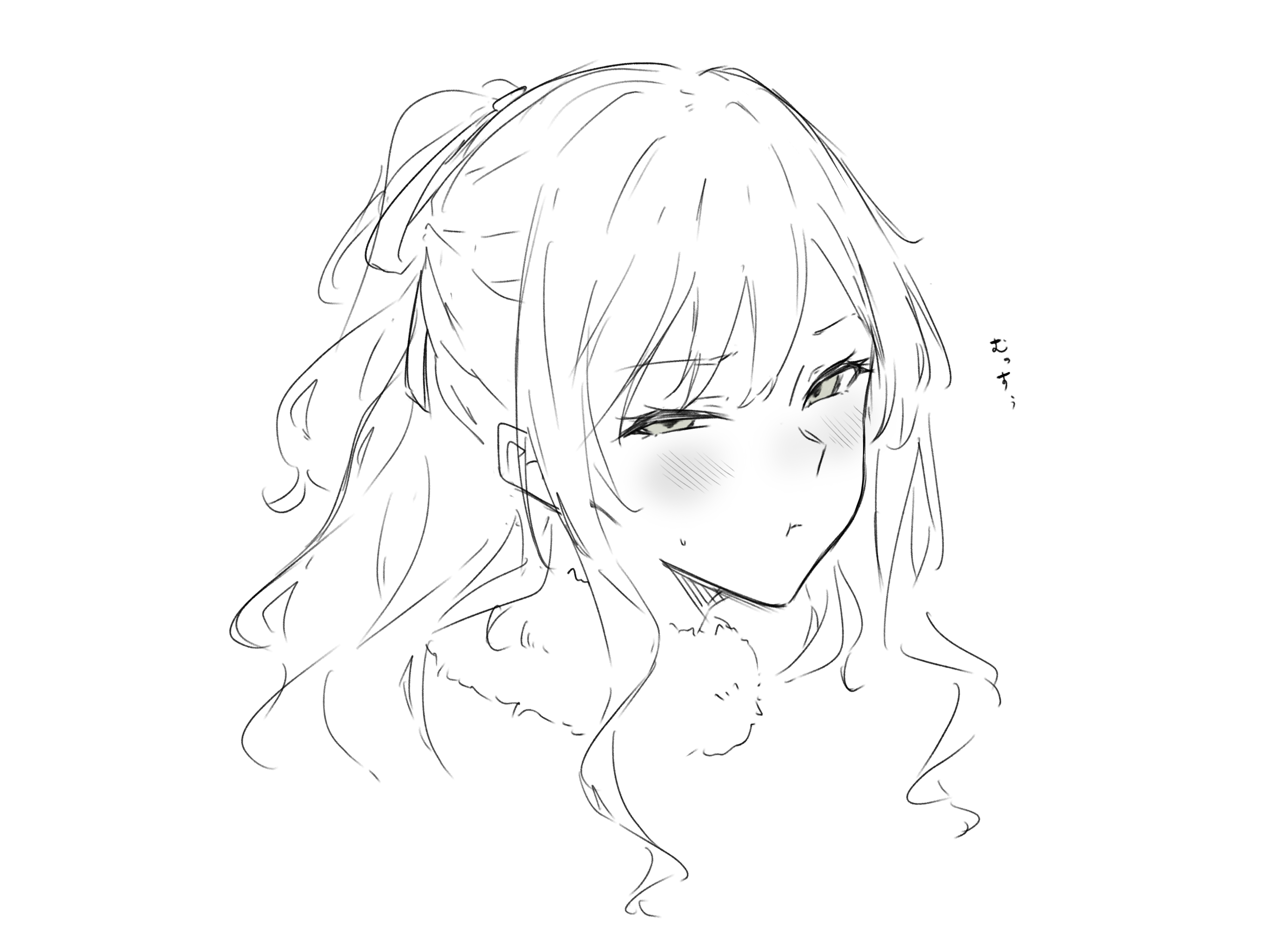 kanade (kanade 3344), imai lisa, bang dream!, absurdres, commentary, highres, 1girl, blush, greyscale, half updo, long hair, looking at viewer, monochrome, pout, simple background, solo, sweatdrop, white background