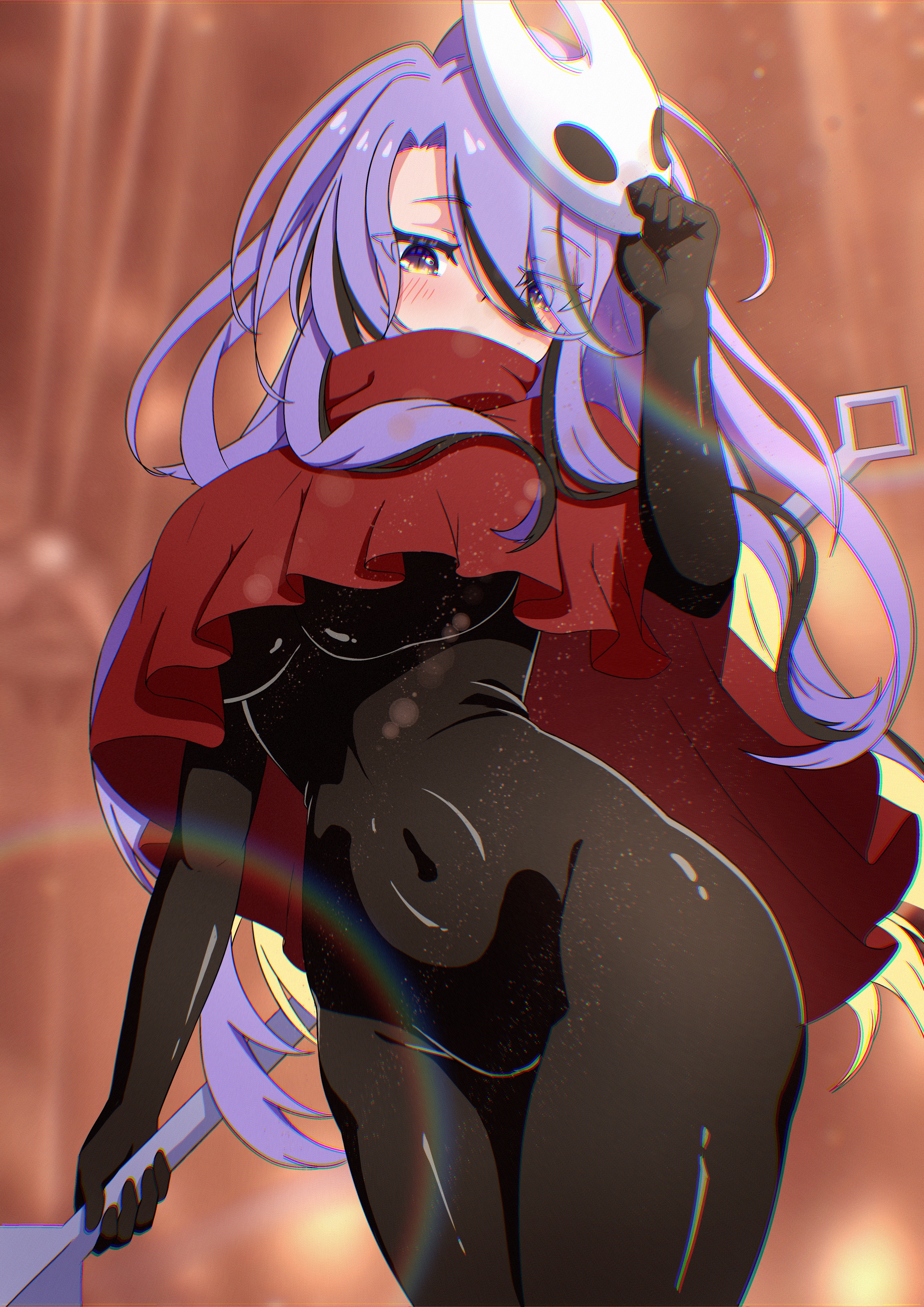 kaiyen, hornet (hollow knight), moona hoshinova, hollow knight, hollow knight: silksong, hololive, black bodystocking, absurdres, highres, 1girl, black bodysuit, blush, bodysuit, breasts, cloak, cosplay, covered navel, holding, holding weapon, horned mask, hornet (hollow knight) (cosplay), large breasts, long hair, looking at viewer, mask, purple hair, red cloak, solo, virtual youtuber, weapon, white mask