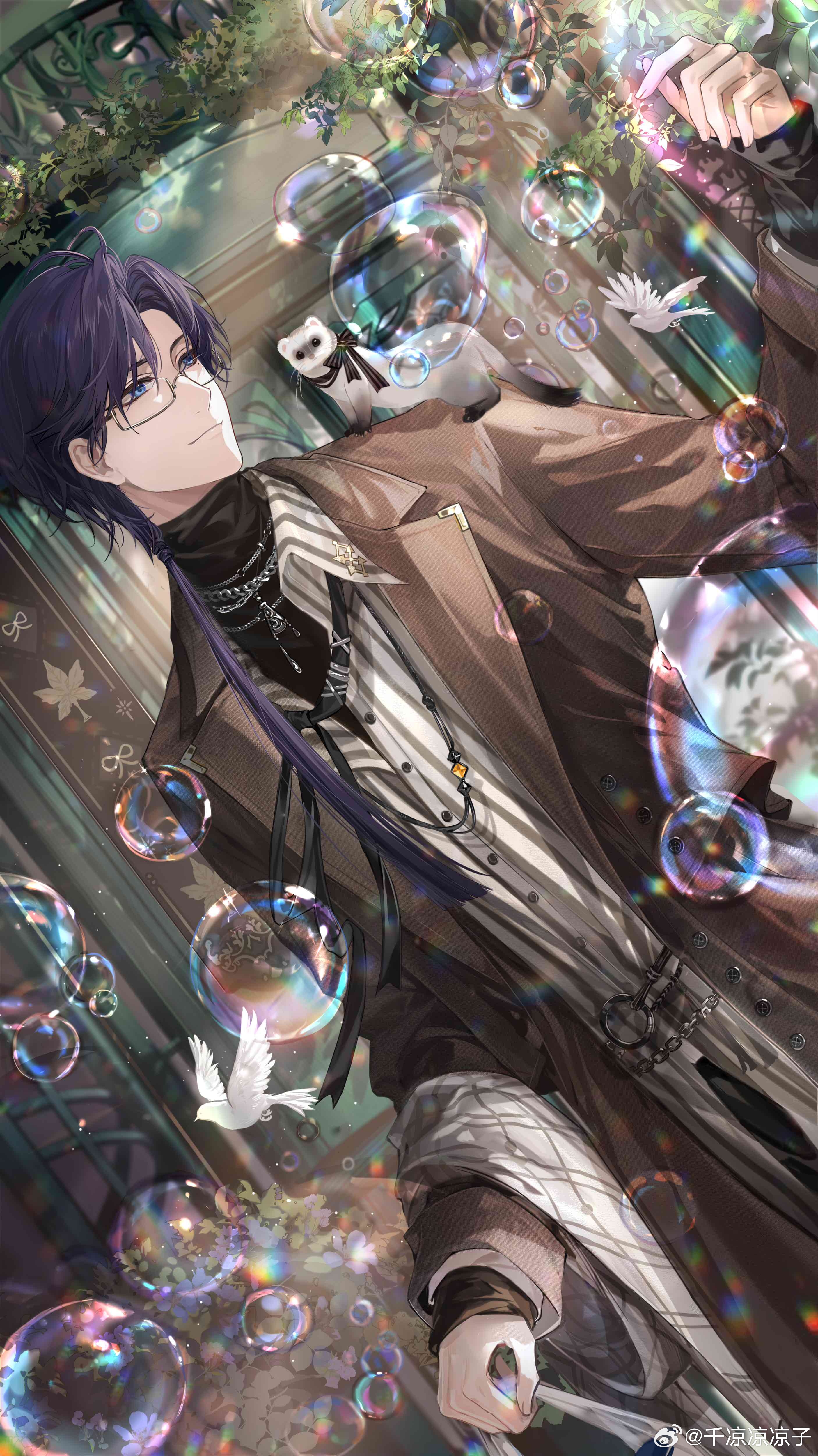 senryoko, clarence clayden, lovebrush chronicles, absurdres, chinese commentary, commentary, highres, official art, 1boy, alternate costume, animal, animal on shoulder, bag, belt, bird, black belt, black ribbon, black shirt, blue eyes, blue hair, brown coat, bubble, chain, chain belt, chain choker, chain necklace, closed mouth, coat, collared shirt, cowboy shot, curtained hair, dove, dutch angle, ferret, glasses, hair over shoulder, hand up, holding, holding bag, holding unworn clothes, holding unworn scarf, jewelry, lapels, long hair, long sleeves, looking at animal, looking to the side, loose neck ribbon, low side ponytail, male focus, mole, mole under eye, multiple necklaces, neck ribbon, necklace, notched lapels, o-ring, o-ring belt, open clothes, open coat, parted bangs, plant, plastic bag, ribbon, scarf, shirt, sleeves past wrists, solo, standing, storefront, striped clothes, striped shirt, turtleneck, turtleneck shirt, undershirt, untucked shirt, unworn scarf, watermark, weibo watermark, white scarf, white shirt