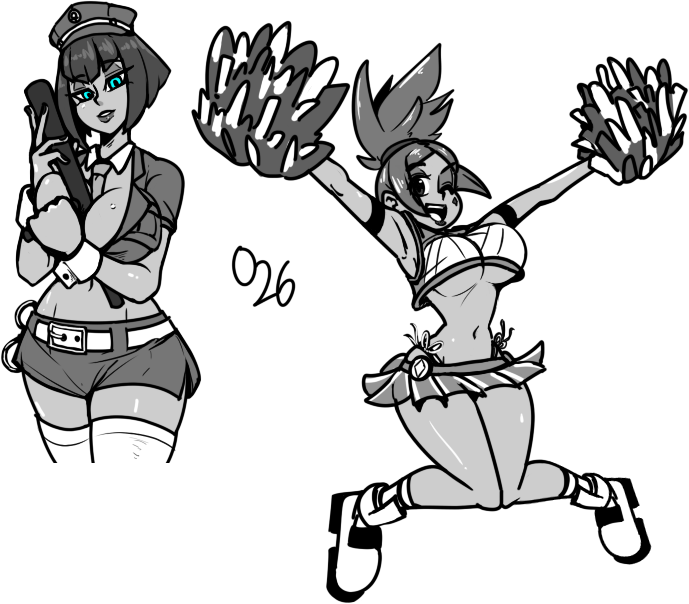 zerotosix06, cerebella (skullgirls), eliza (skullgirls), skullgirls, 2girls, alternate costume, baton (weapon), belt, between breasts, black hair, blue eyes, bob cut, breasts, cheerleader, cowboy shot, crop top, cuffs, dark-skinned female, dark skin, detached collar, eyeshadow, full body, greyscale, handcuffs, knees together feet apart, large breasts, lipstick, makeup, monochrome, multiple girls, navel, necktie, one eye closed, open mouth, panties, parted lips, pleated skirt, police, police uniform, policewoman, pom pom (cheerleading), ponytail, side-tie panties, skirt, smile, spot color, thighhighs, underboob, underwear, weapon, wrist cuffs