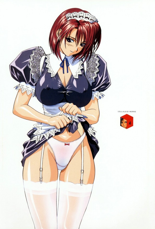 inoue takuya, scan, black eyes, breasts, cleavage, clothes lift, covered erect nipples, garter belt, large breasts, maid, nipples, panties, red hair, short hair, skirt, skirt lift, smile, solo, thighhighs, underwear, white panties