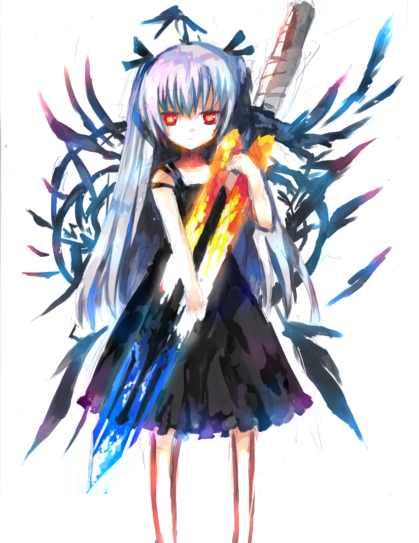 tsuchiya akira, silver hair, bad id, bad pixiv id, child, dress, feathers, gothic lolita, hair ribbon, lolita fashion, long hair, red eyes, ribbon, solo, sword, weapon