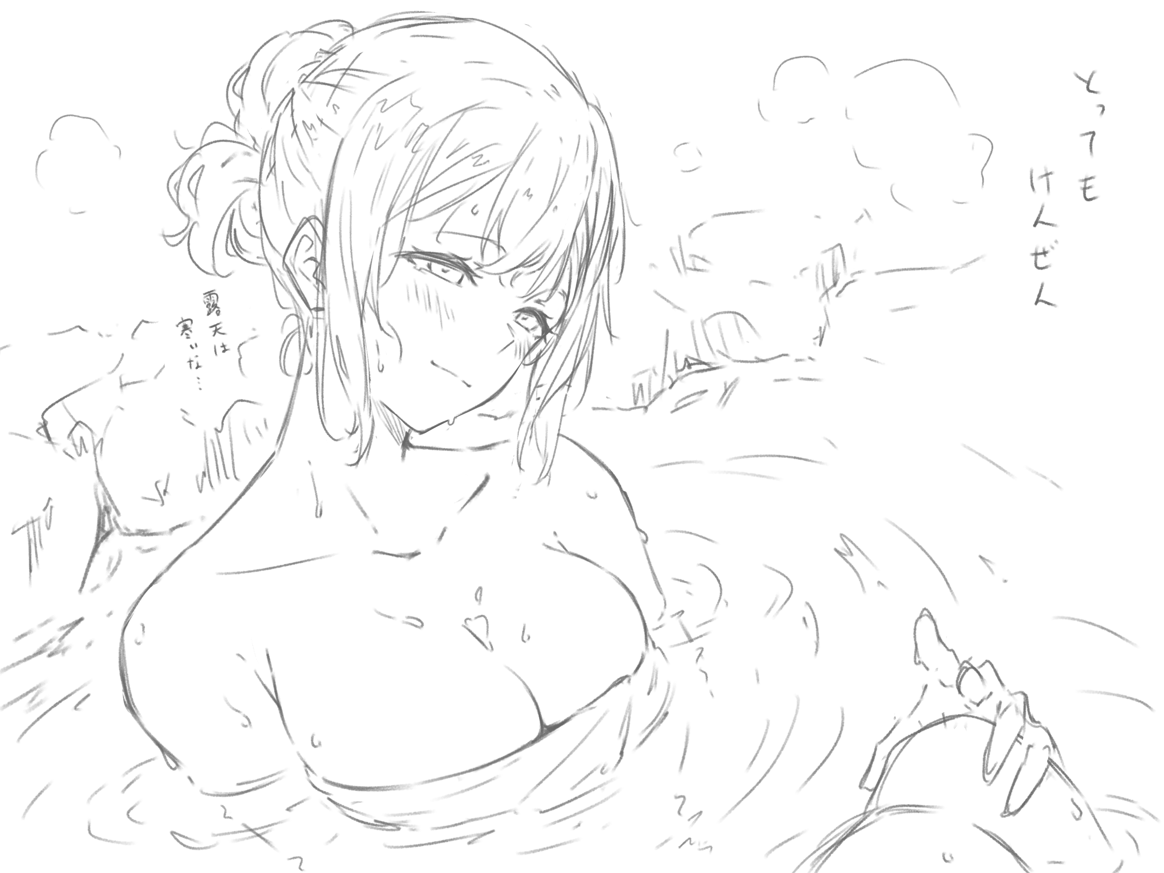 kanade (kanade 3344), yamate kyouko, d4dj, absurdres, commentary, highres, translation request, 1girl, bathing, blush, breasts, cleavage, closed mouth, collarbone, greyscale, hair bun, large breasts, monochrome, nude, onsen, sidelocks, single hair bun, solo, wet