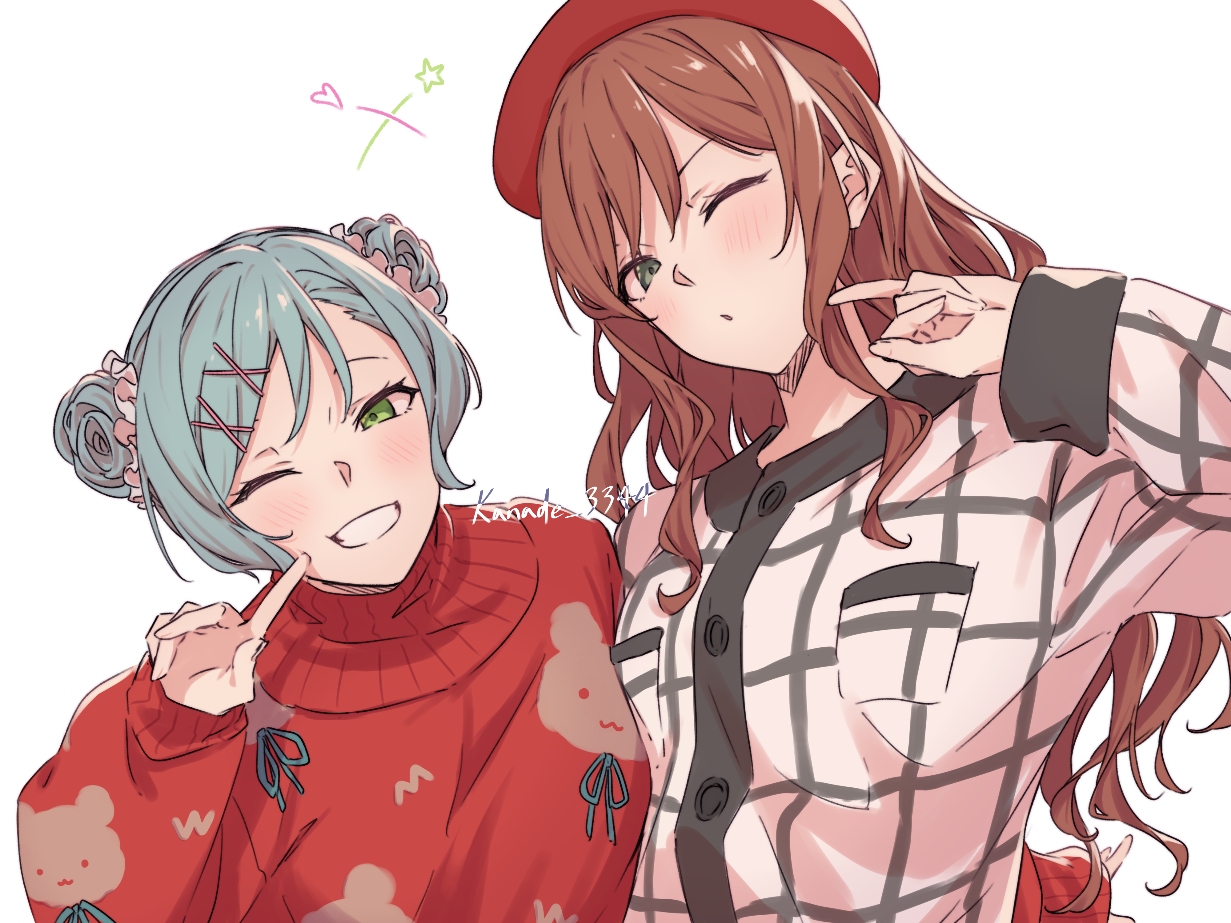 kanade (kanade 3344), hikawa hina, imai lisa, bang dream!, absurdres, commentary, highres, 2boys, aqua hair, beret, blush, breast pocket, breasts, brown hair, cheek poking, cleavage, double bun, green eyes, hair bun, hair ornament, hair scrunchie, hat, long hair, long sleeves, multiple boys, one eye closed, open mouth, pink scrunchie, pinky out, plaid clothes, plaid shirt, pocket, poking, red hat, red sweater, scrunchie, shirt, short hair, sidelocks, simple background, sweater, upper body, white background, white shirt, x hair ornament