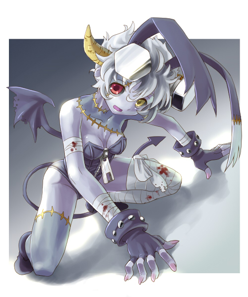 katahira masashi, original, silver hair, 1girl, animal ears, bandages, bat wings, blood, bolt (hardware), female focus, fingerless gloves, full body, gloves, heterochromia, horns, rabbit ears, scar, short hair, solo, stitches, tail, wings, zombie