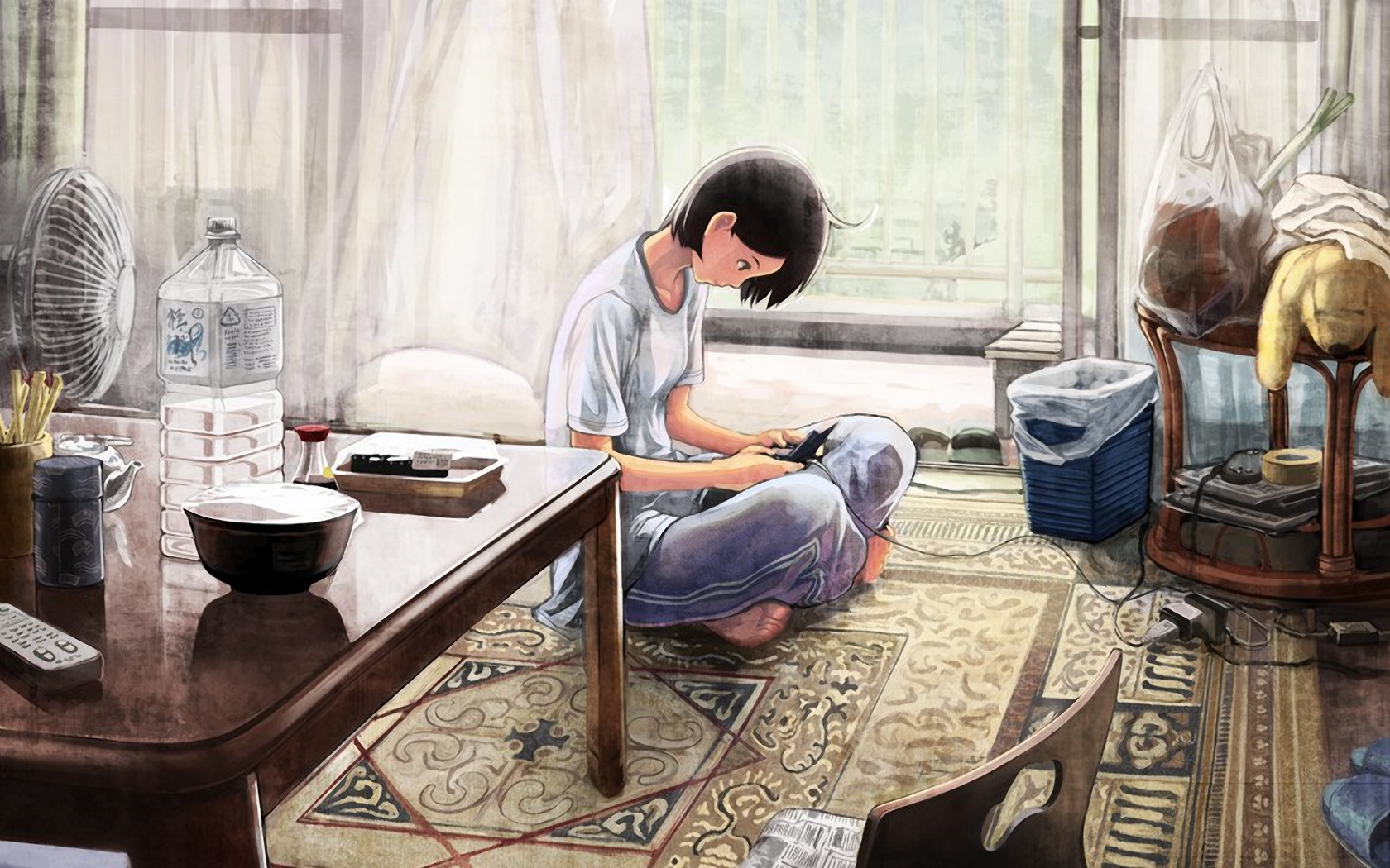 shirakaba, original, highres, 1girl, black hair, bottle, cable, controller, crossed legs, electric fan, female focus, green theme, grey theme, handheld game console, indian style, indoors, living room, muted color, newspaper, nintendo ds, on floor, playing games, playstation vita, remote control, room, roomscape, scenery, shirt, sitting, slippers, solo, stuffed animal, stuffed toy, t-shirt, unworn slippers, video game
