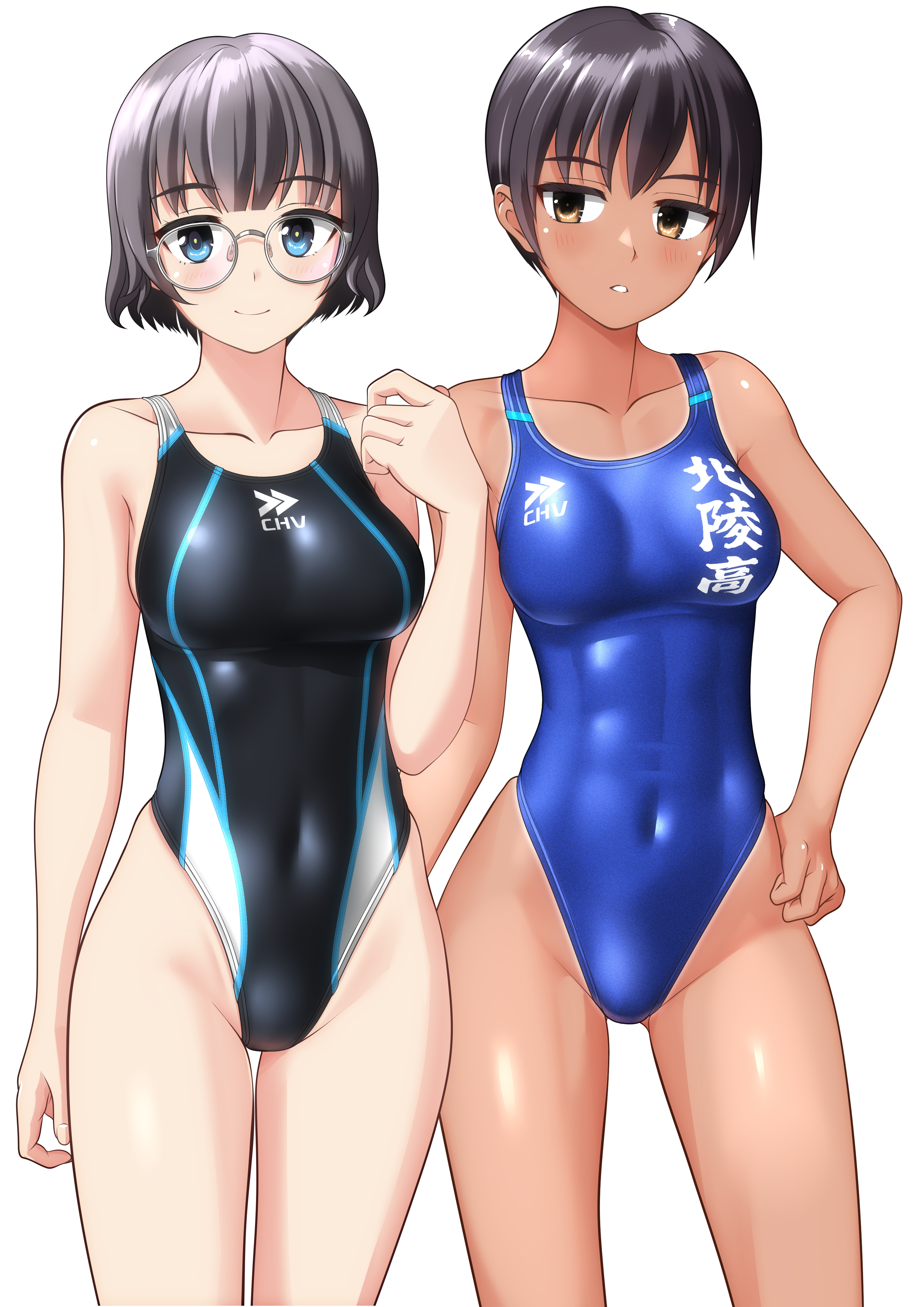 takafumi, original, absurdres, commentary request, highres, 2girls, abs, black hair, black one-piece swimsuit, blue eyes, blue one-piece swimsuit, breasts, brown eyes, clothes writing, competition swimsuit, covered navel, cowboy shot, dark-skinned female, dark skin, glasses, hand on own hip, highleg, highleg one-piece swimsuit, logo, medium breasts, multiple girls, one-piece swimsuit, one-piece tan, short hair, simple background, swimsuit, tan, tanline, tomboy, two-tone swimsuit, white background