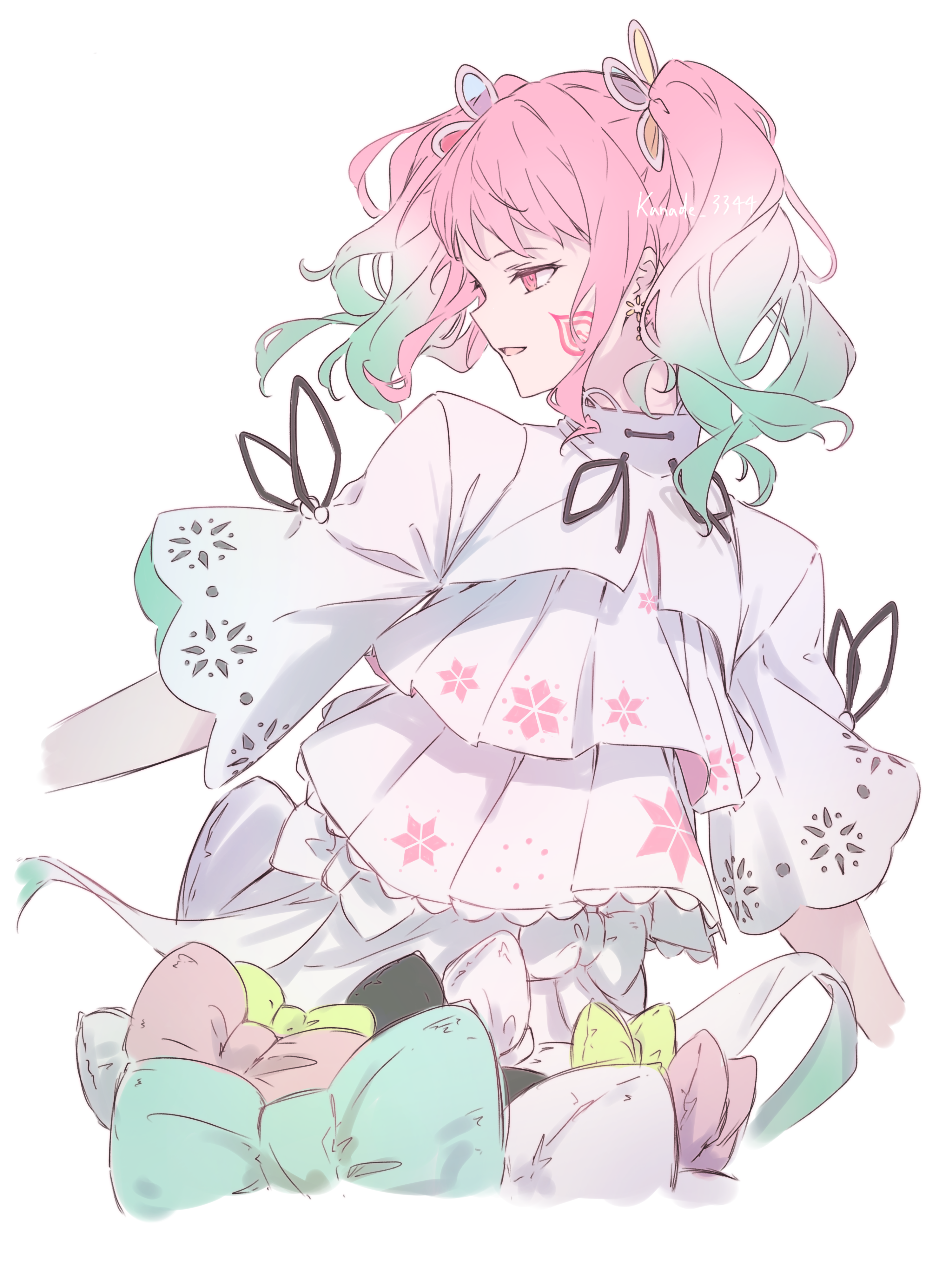 kanade (kanade 3344), maruyama aya, pastel (yumenokessho), bang dream!, absurdres, commentary, highres, 1girl, blue bow, blue eyes, blue hair, bow, cropped torso, dress, gradient hair, multicolored hair, open mouth, pink bow, pink hair, simple background, solo, three-quarter sleeves, twintails, upper body, white background, white dress, yellow bow, yumenokessho