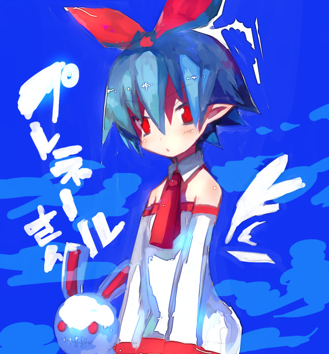 tsuchiya akira, pleinair, usagi-san, disgaea, nippon ichi, original, bad id, bad pixiv id, 1girl, blue background, blue hair, detached sleeves, female focus, hair ribbon, pointy ears, rabbit, red eyes, ribbon, short hair, solo, stuffed animal, stuffed rabbit, stuffed toy
