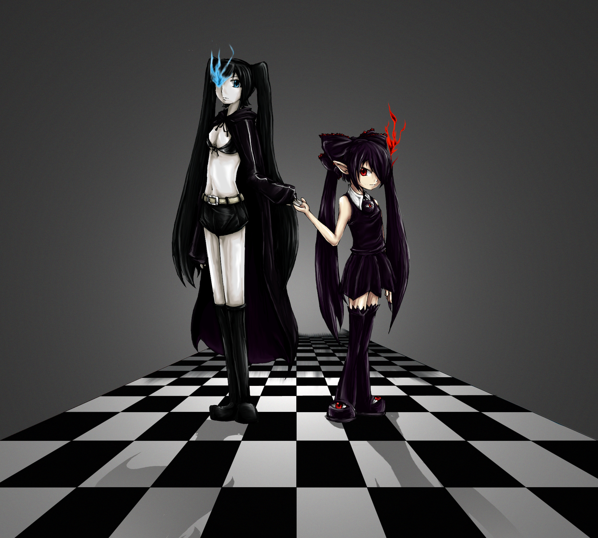 heriki (trkj), backbeako (torotei), backbeard, black rock shooter (character), hatsune miku, black rock shooter, gegege no kitarou, original, vocaloid, bad id, bad pixiv id, highres, 10s, 2girls, belt, black hair, blue eyes, boots, bra, cape, flat chest, lingerie, long hair, midriff, multiple girls, navel, red eyes, shorts, thighhighs, twintails, underwear