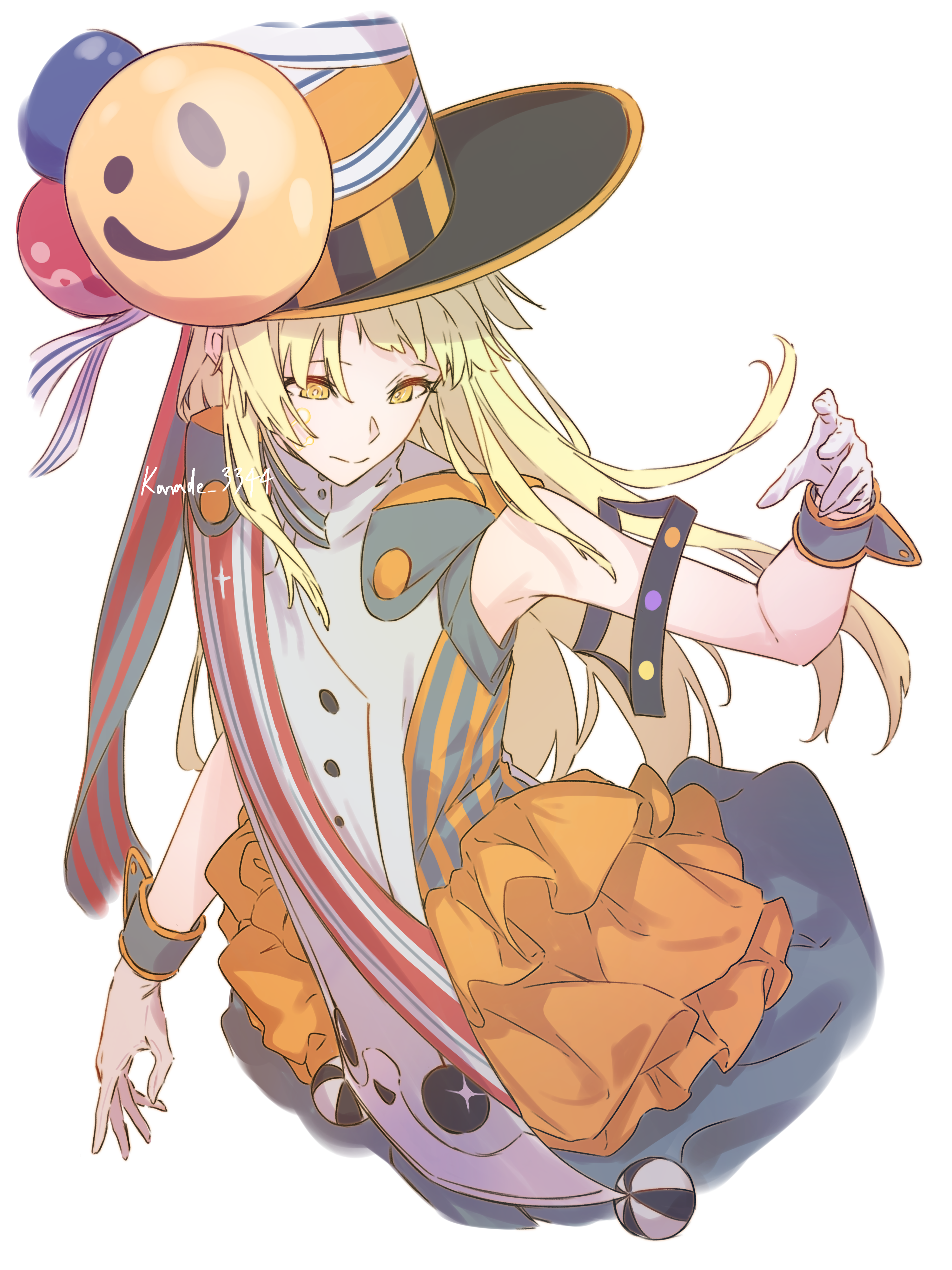 kanade (kanade 3344), halo (yumenokessho), tsurumaki kokoro, bang dream!, synthesizer v, absurdres, commentary, highres, 1girl, blonde hair, dress, gloves, hat, long hair, orange hat, sidelocks, simple background, sleeveless, solo, twitter username, white background, white dress, white gloves, yellow eyes, yumenokessho