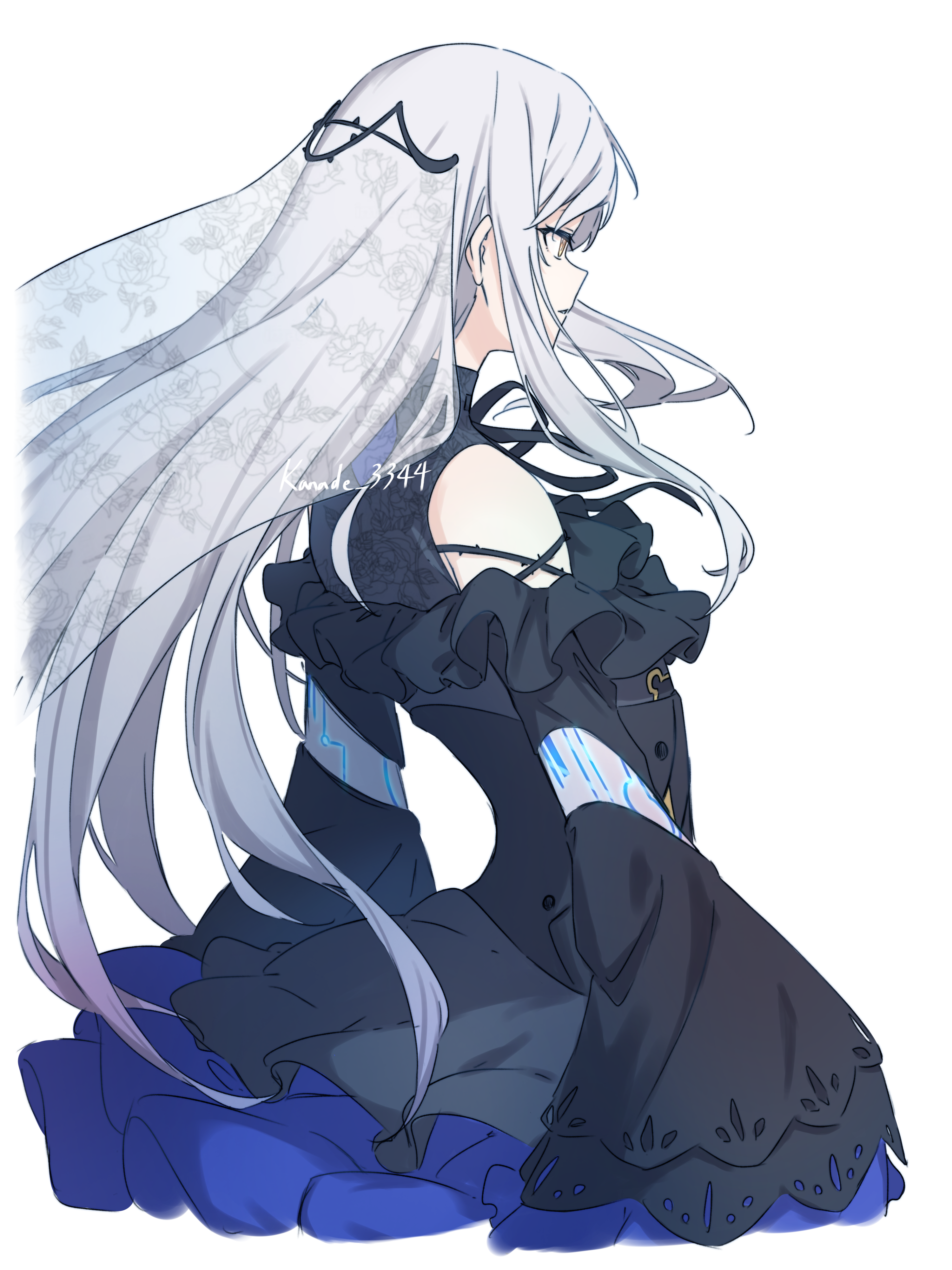 kanade (kanade 3344), minato yukina, rose (yumenokessho), bang dream!, cevio, synthesizer v, absurdres, commentary, highres, 1girl, black dress, clothing cutout, dress, long hair, long sleeves, parted lips, shoulder cutout, sidelocks, simple background, solo, veil, white background, wide sleeves, yellow eyes, yumenokessho