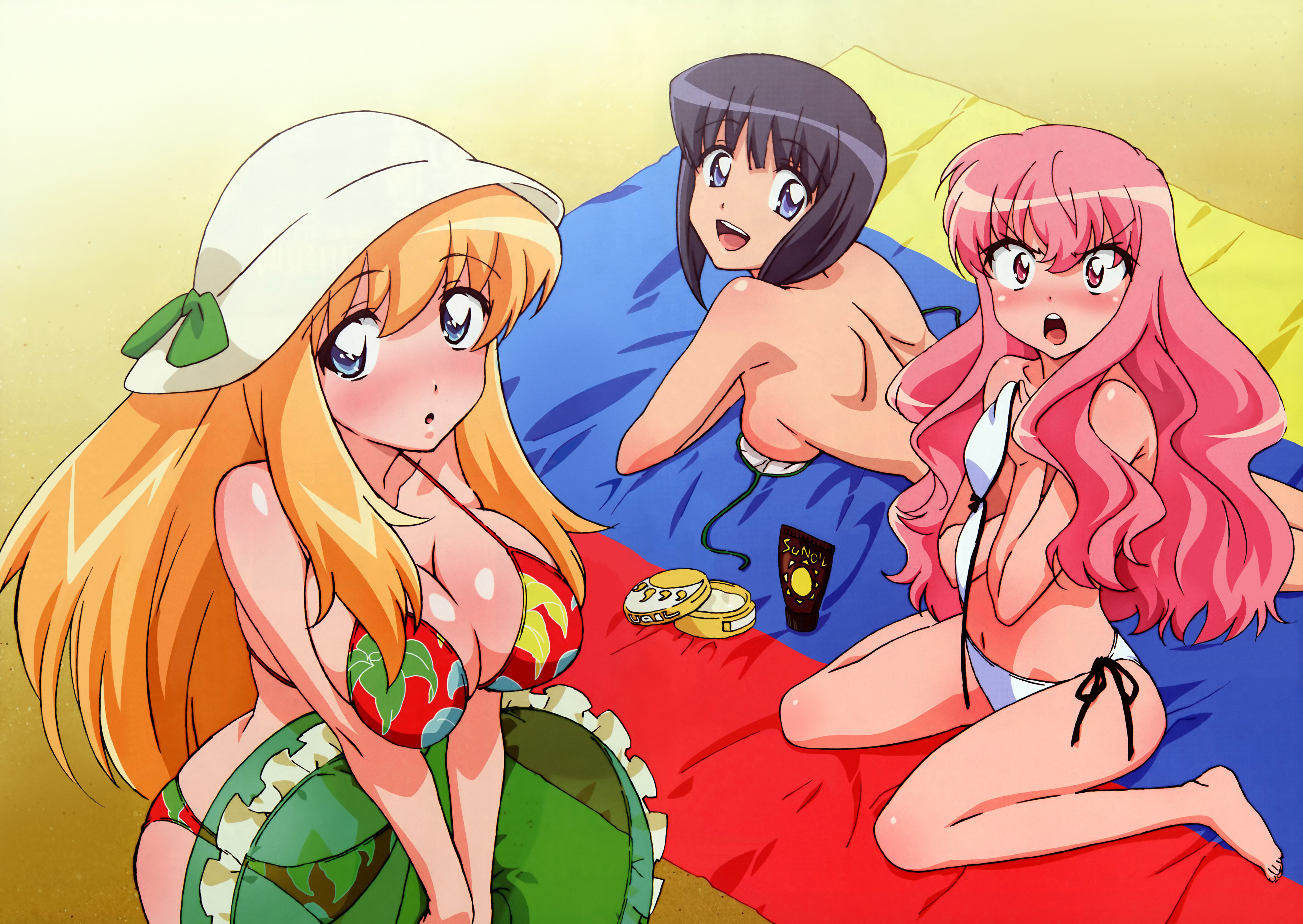 hiyamizu yukie, louise francoise le blanc de la valliere, siesta (zero no tsukaima), tiffania westwood, zero no tsukaima, eyebrows, absurdres, artist request, detexted, highres, official art, third-party edit, 00s, 3girls, age difference, barefoot, beach, bikini, black hair, blonde hair, blue eyes, blush, breasts, day, elf, feet, full body, hat, huge breasts, innertube, long hair, long legs, lotion, lying, multiple girls, pink eyes, pink hair, pointy ears, red eyes, short hair, side-tie bikini bottom, sitting, sunscreen, swim ring, swimsuit, thighs, toes, topfreedom, topless female, untied bikini, upper body, wariza