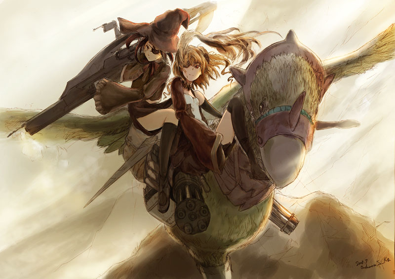 shiika sadamasa, chocobo, final fantasy, blonde hair, eyepatch, flying, gatling gun, gun, hat, weapon