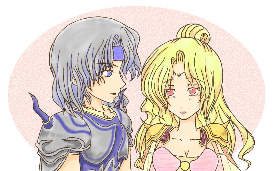 matsumoto haruka, cecil harvey, rosa farrell, final fantasy, final fantasy iv, 1990s (style), 1boy, 1girl, armor, bad anatomy, blonde hair, blue eyes, collarbone, dress, grey hair, headband, pink dress, pink hair, poorly drawn, red eyes, retro artstyle, shoulder pads, spikes, upper body