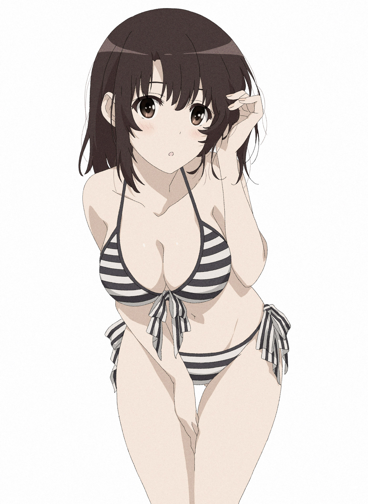 watanabegenn, katou megumi, saenai heroine no sodatekata, derivative work, highres, 1girl, :o, bare arms, bench, between legs, bikini, black hair, breasts, brown eyes, cleavage, collarbone, gluteal fold, groin, hairband, halterneck, hand between legs, large breasts, leaning forward, long hair, official alternate hair length, official alternate hairstyle, simple background, standing, striped bikini, striped clothes, swimsuit, thigh gap, white background