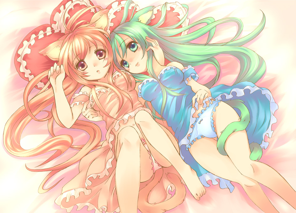 2girls, animal ears, bed, breasts, cat ears, cat tail, long hair, multiple girls, panties, small breasts, tail, underwear