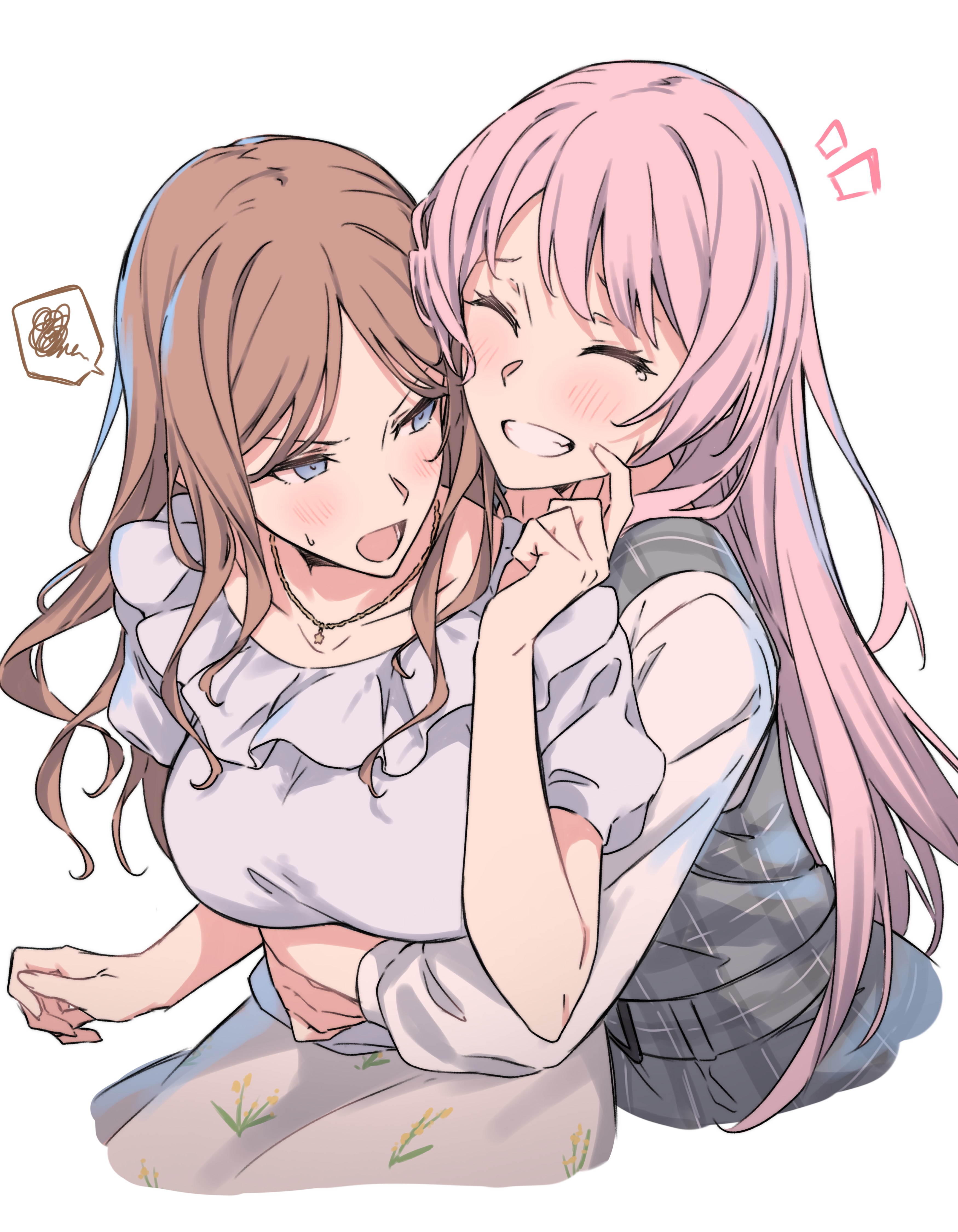 kanade (kanade 3344), chihaya anon, nagasaki soyo, bang dream!, bang dream! it's mygo!!!!!, absurdres, commentary, highres, 2girls, :d, ^ ^, angry, arms around waist, blue eyes, blue shirt, blush, breasts, brown hair, buckle, cheek pinching, closed eyes, collarbone, dress, frilled shirt collar, frills, grin, happy, hug, hug from behind, jewelry, long hair, long sleeves, looking at another, looking back, multiple girls, necklace, open mouth, parted bangs, pinafore dress, pinching, pink hair, plaid clothes, plaid dress, pleated shirt, pleated skirt, puffy short sleeves, puffy sleeves, shirt, shirt tucked in, short sleeves, simple background, skirt, sleeveless, sleeveless dress, smile, spoken squiggle, squiggle, white background, white shirt, yuri