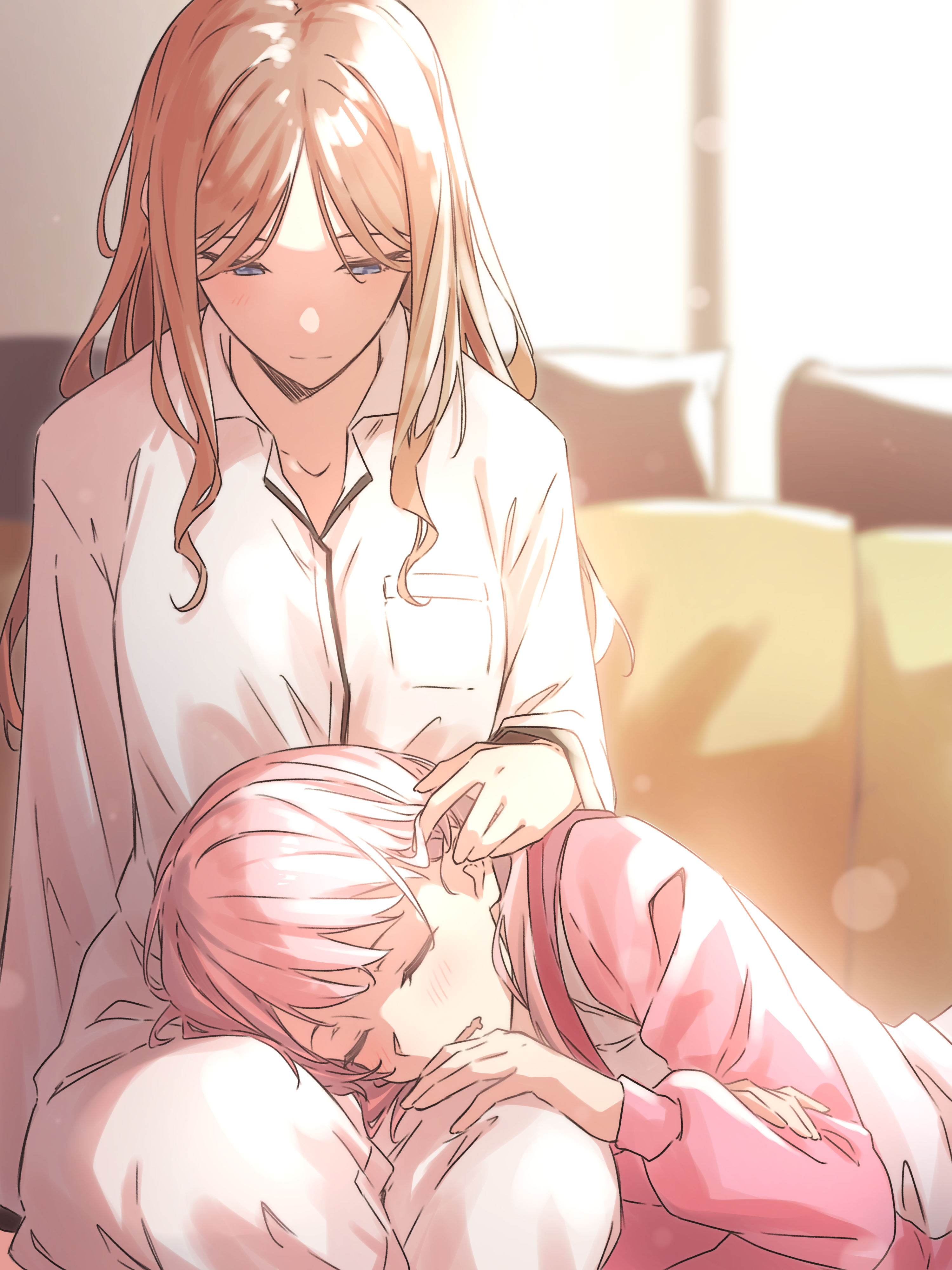 kanade (kanade 3344), chihaya anon, nagasaki soyo, bang dream!, bang dream! it's mygo!!!!!, absurdres, commentary, highres, 2girls, blue eyes, blush, brown hair, closed mouth, collared shirt, drooling, lap pillow, long hair, mouth drool, multiple girls, pajamas, pink hair, pink shirt, shirt, sidelocks, sleeping, tucking hair, white shirt, yuri