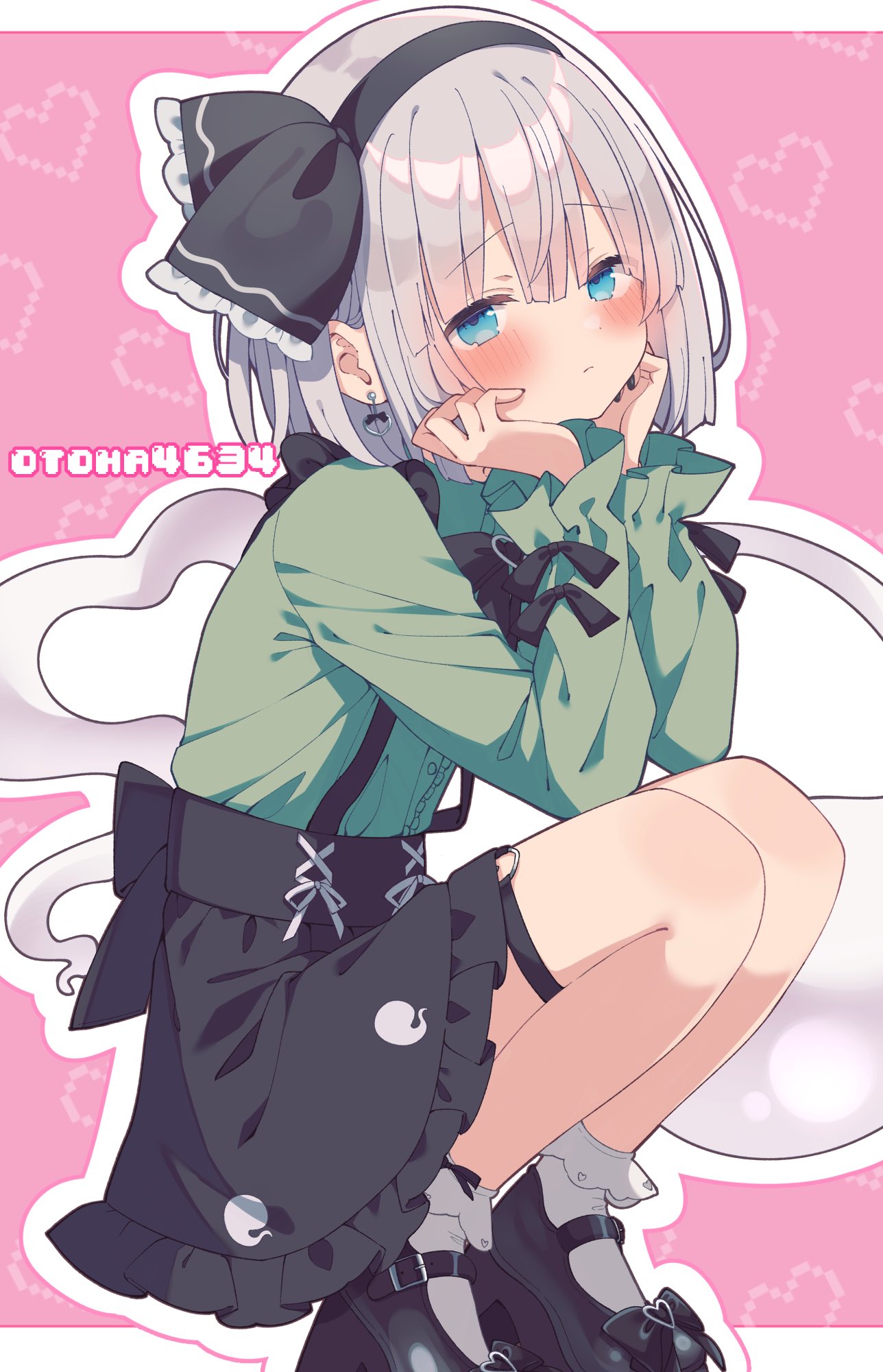 otowa (otoha4634), konpaku youmu, konpaku youmu (ghost), touhou, commentary request, highres, 1girl, artist name, black hairband, black shoes, black skirt, blue eyes, blush, bow hairband, closed mouth, frilled skirt, frills, full body, green shirt, grey hair, hairband, heart, heart background, long sleeves, looking at viewer, mary janes, pink background, shirt, shoes, short hair, skirt, socks, solo, squatting, suspender skirt, suspenders, white socks