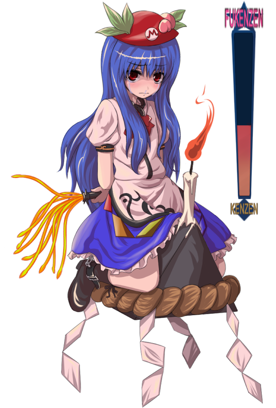 tori rui, hinanawi tenshi, touhou, 1girl, bdsm, blue hair, bondage, bound, candle, female focus, food, fruit, hat, long hair, peach, rope, shide, shimenawa, solo, tears, wooden horse