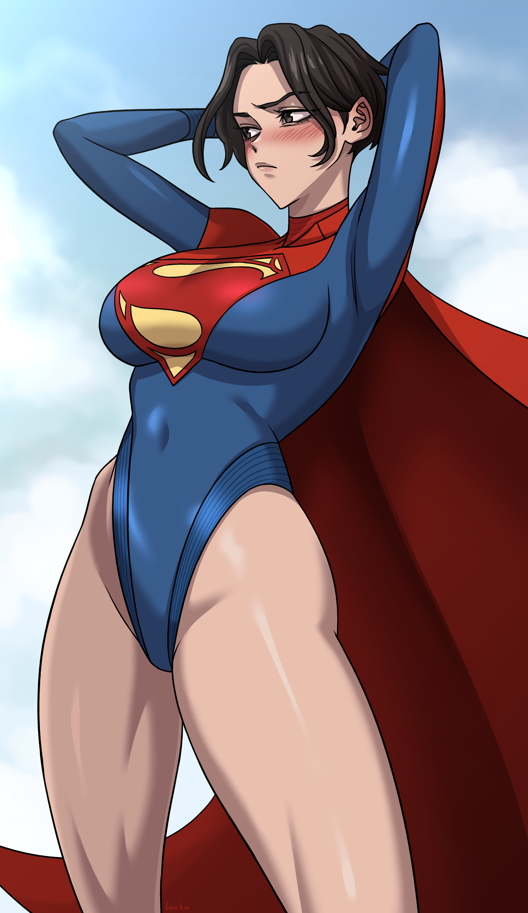 kimleon, supergirl, dc comics, the flash (series), absurdres, highres, 1girl, arms behind head, athletic leotard, black hair, blue leotard, breasts, cape, covered navel, feet out of frame, highleg, highleg leotard, large breasts, leotard, red cape, short hair, solo, superhero costume