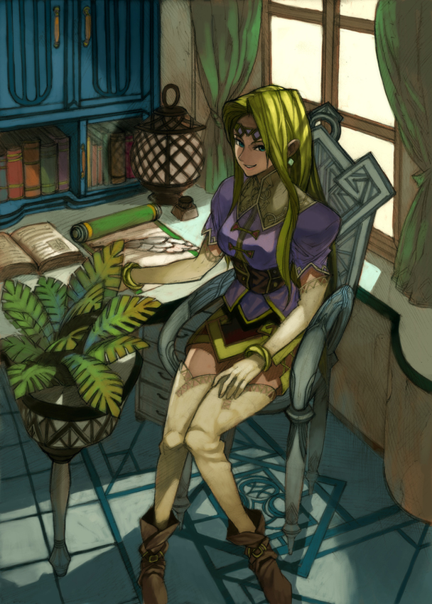 lack, mystina (valkyrie profile), valkyrie profile (series), blonde hair, blue eyes, boots, chair, curtains, earrings, elbow gloves, gloves, headband, indoors, jewelry, knees together feet apart, lamp, long hair, plant, pointy ears, quill, scroll, shelf, sitting, skirt, solo, table, thigh boots, thighhighs, window