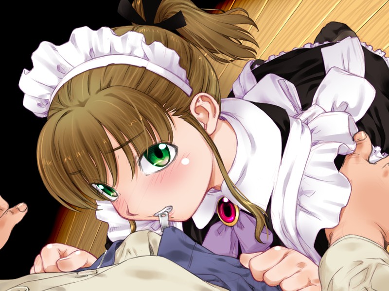 kiriyama taichi, nagisa (maid in heaven), maid in heaven, game cg, 1boy, 1girl, ascot, blush, brooch, brown hair, frills, gem, green eyes, hairband, jewelry, kneeling, long sleeves, looking at viewer, looking up, maid, maid headdress, mouth hold, open zipper, ponytail, sidelocks, solo focus, unzipping, zipper