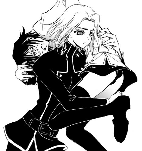 kouzuki kallen, lelouch vi britannia, luluko, code geass, lowres, non-web source, 00s, 1boy, 1girl, genderswap, genderswap (ftm), genderswap (mtf), greyscale, monochrome, panties, pantyshot, school uniform, serafuku, thighhighs, underwear