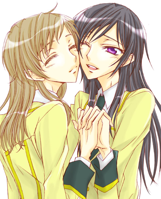 lelouch vi britannia, luluko, rolo lamperouge, roloko, code geass, gender request, non-web source, 00s, 2girls, ^ ^, black hair, closed eyes, closed mouth, food, genderswap, holding hands, interlocked fingers, long hair, long sleeves, looking to the side, multiple girls, pink eyes, school uniform, serafuku, simple background, very long hair, white background