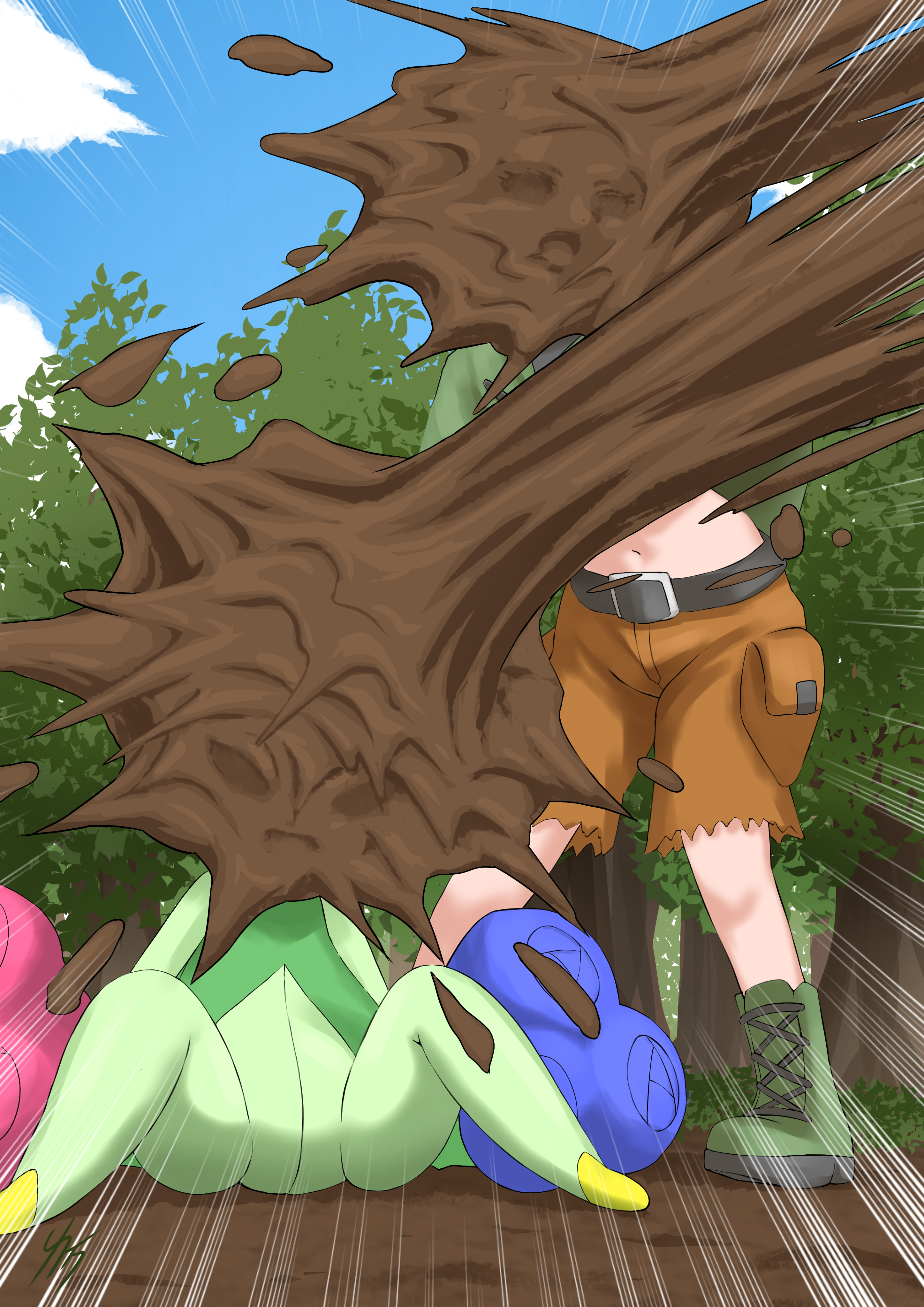 saturn dosue, gardenia (pokemon), roserade, nintendo, pokemon, pokemon dppt, absurdres, highres, variant set, 1girl, attack, belt, blue sky, boots, capelet, cloud, day, defeat, forest, gen 4 pokemon, green boots, green capelet, gym leader, leaning forward, midriff, motion lines, mud, nature, navel, on ground, orange shorts, outdoors, pokemon (creature), shorts, signature, sitting, sky, standing, tree
