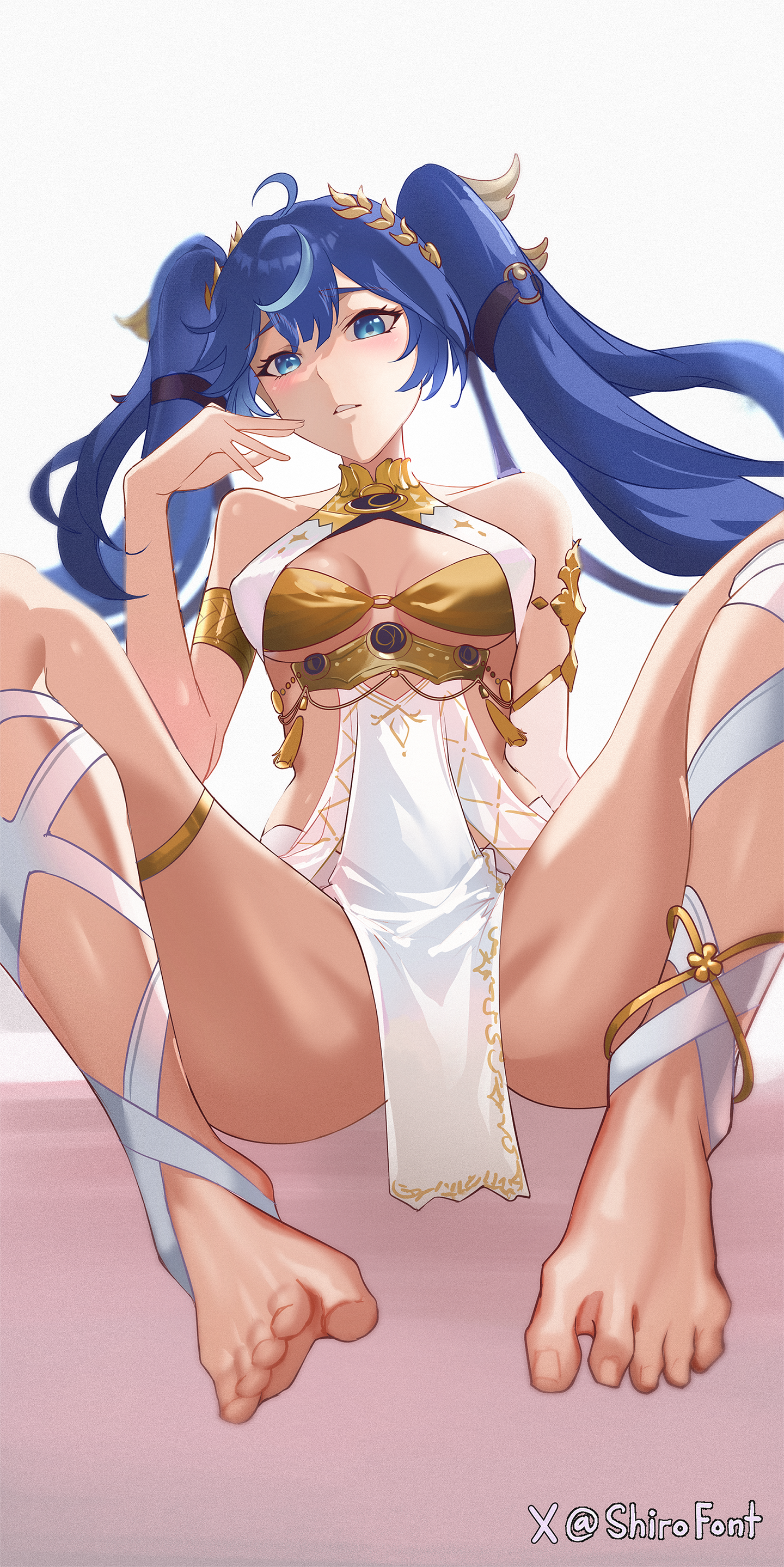 shiro font, iuno (wuthering waves), wuthering waves, absurdres, commentary request, highres, 1girl, ahoge, ancient greek clothes, armlet, bare shoulders, barefoot, blue eyes, breasts, cleavage, feet, feet up, gold bra, greco-roman clothes, hair belt, hand up, head wreath, jewelry, leg wrap, long hair, looking at viewer, medium breasts, multicolored hair, parted lips, sitting, solo, spread legs, streaked hair, thighs, toes, twintails, twitter username, very long hair