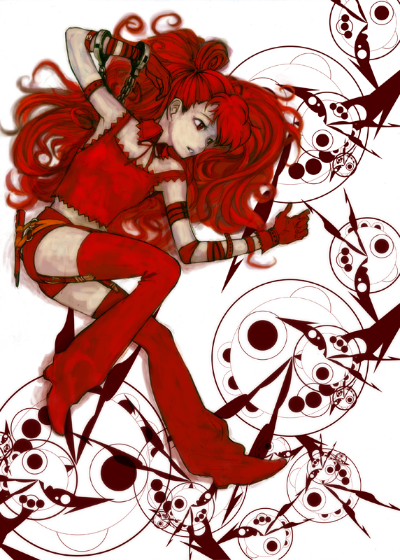 lack, mizukura risuka, shin honkaku mahou shoujo risuka, 1girl, cuffs, female focus, flat chest, gloves, long hair, midriff, red eyes, red hair, red theme, shorts, solo, thighhighs