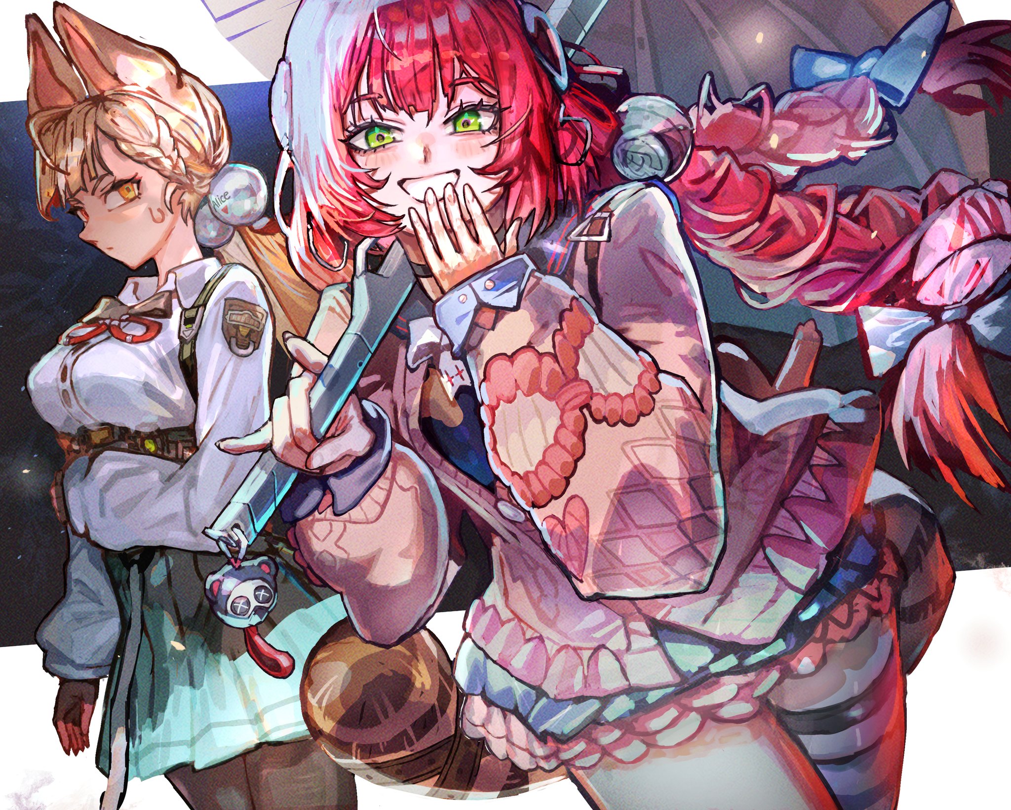reomenka, alice thymefield, kamanosuke (zenless zone zero), ukinami yuzuha, zenless zone zero, braided twintails, highres, 2girls, animal, animal ears, animal on back, asymmetrical legwear, backpack, bag, bag charm, black sailor collar, blonde hair, blush, braid, cardigan, charm (object), chest bow, covering own mouth, fingerless gloves, gloves, green eyes, green skirt, hair ornament, hearing aid, heterochromia, long hair, looking at another, looking at viewer, low twintails, multiple girls, night, night sky, pink cardigan, rabbit ears, rabbit girl, raccoon, red hair, sailor collar, shirt, skirt, sky, smile, socks, sphere hair ornament, striped clothes, striped socks, sweat, tanuki, teeth, twintails, white shirt, yellow eyes