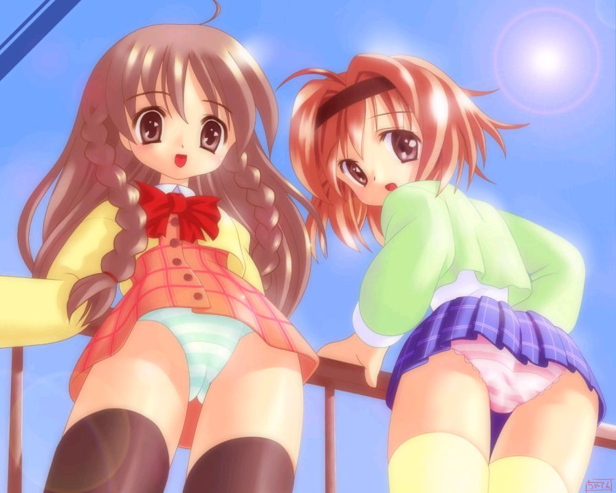 kaho (sister princess), karen (sister princess), sister princess, 00s, braid, brown eyes, brown hair, cameltoe, dress, hairband, headband, long hair, open mouth, panties, pantyshot, skirt, striped clothes, striped panties, thighhighs, twin braids, underwear, upskirt