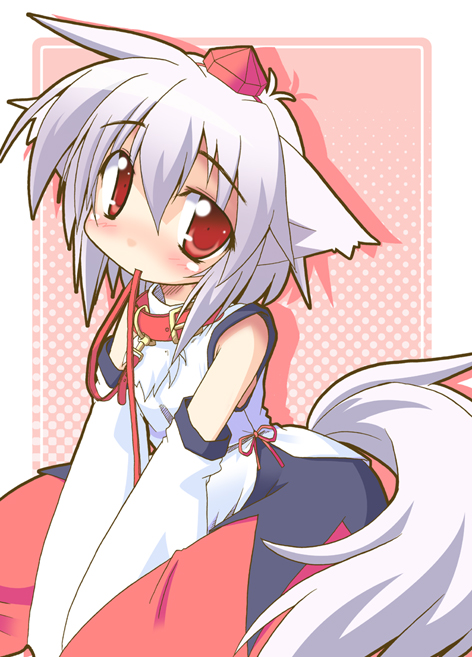 suzukishi, inubashiri momiji, touhou, silver hair, bad id, bad pixiv id, 1girl, animal ears, bare shoulders, blush, collar, detached sleeves, female focus, hat, leash, mouth hold, red eyes, short hair, simple background, solo, tail, tokin hat, wolf ears, wolf tail