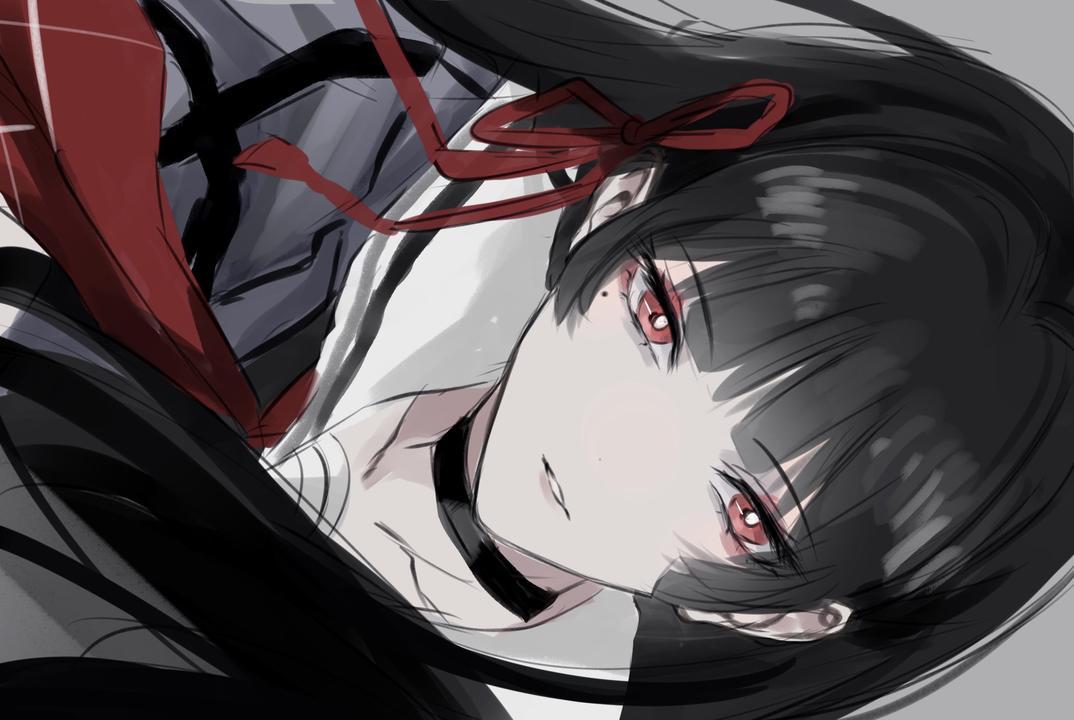 wu yuuri, chisa (wuthering waves), wuthering waves, commentary request, highres, 1girl, black choker, black hair, black shirt, choker, collarbone, grey background, hair ribbon, long hair, looking at viewer, mole, mole under eye, neckerchief, parted lips, red eyes, red neckerchief, red ribbon, ribbon, sailor collar, shirt, sideways, simple background, solo, white sailor collar