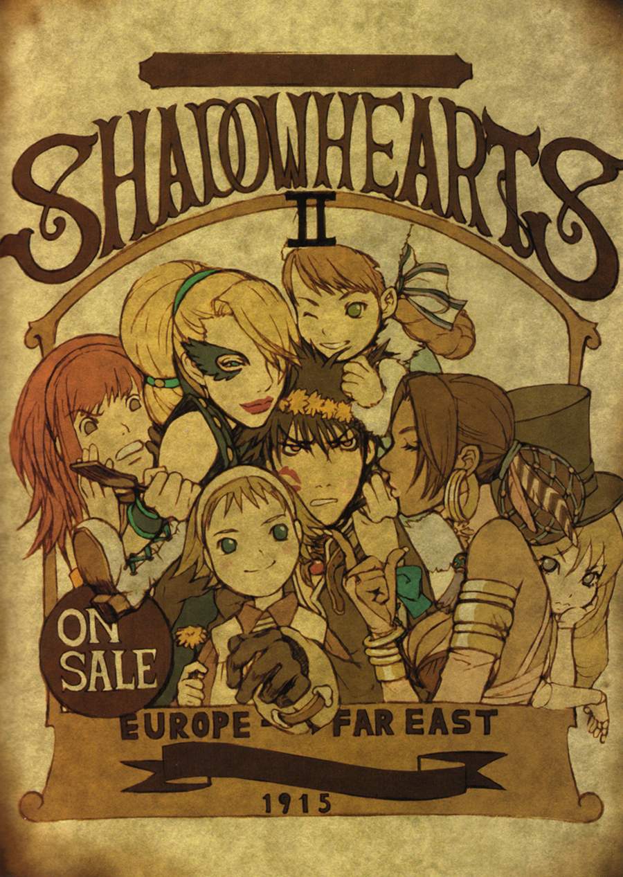katou miyako, anastasia (shadow hearts), cornelia (shadow hearts), jeanne (shadow hearts), karin koenig, lucia (shadow hearts), veronica vera, yuri hyuga, shadow hearts, shadow hearts ii, cross-laced footwear, light brown hair, white footwear, highres, official art, scan, 1boy, 6+girls, age difference, angry, armlet, back, bare shoulders, black hair, blonde hair, blue eyes, blush, boots, bow, bracelet, braid, breasts, bridal gauntlets, brown hair, carrying, child, cleavage, clenched teeth, copyright name, dark skin, dated, doll, doll joints, dress, earrings, everyone, feather hair ornament, feathers, fingernails, flat color, flipped hair, flower, frown, fur trim, gloves, green eyes, grey eyes, hair bow, hair bun, hair ornament, hair ribbon, half-closed eyes, harem, hat, head rest, high heel boots, high heels, high ponytail, holding, hoop earrings, imminent kiss, index finger raised, jealous, jewelry, joints, kiss, light smile, lipstick mark, long fingernails, mature female, multi-tied hair, multiple girls, nail polish, necklace, one eye closed, piggyback, pimp, ponytail, red hair, ribbon, ringlets, short hair, single hair bun, sleeve cuffs, small breasts, smile, spiked hair, teeth, top hat, twin braids, upper body