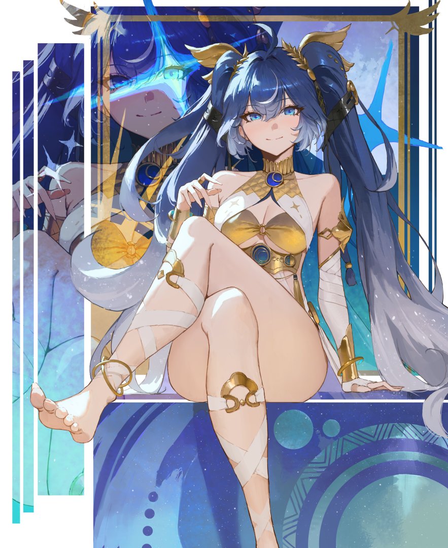 sib (9obsl), iuno (wuthering waves), wuthering waves, commentary, 1girl, ahoge, ancient greek clothes, armlet, bare shoulders, blue eyes, blue hair, breasts, cleavage, closed mouth, crossed legs, fingernails, foot out of frame, gold bra, greco-roman clothes, hair belt, hair between eyes, hand up, head wreath, jewelry, long hair, looking at viewer, medium breasts, multicolored hair, sitting, smile, solo, streaked hair, thighs, twintails, very long hair, zoom layer