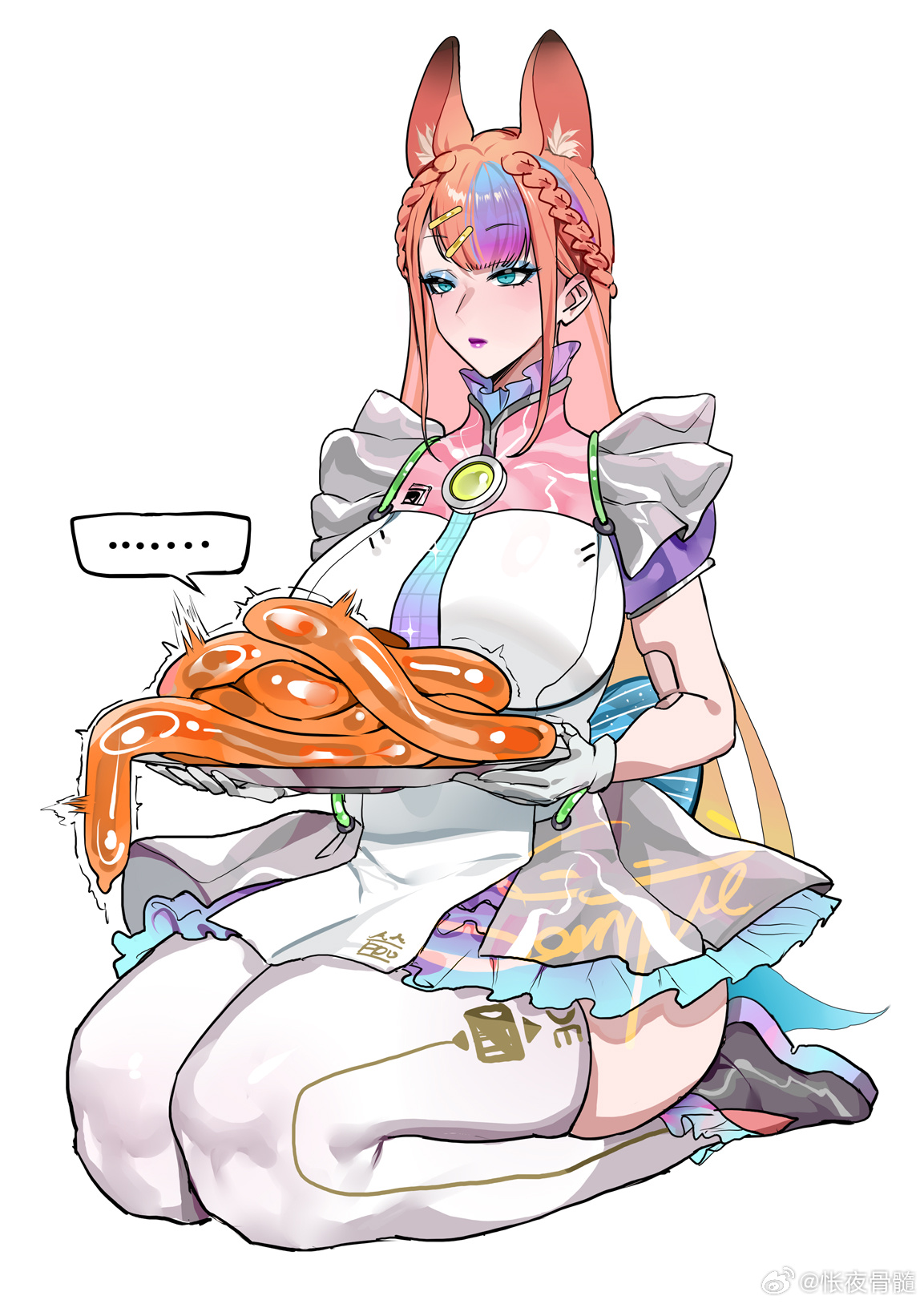 kuook, andou inari, nijisanji, virtuareal, virtuareal link, highres, …, 1girl, animal ears, blank stare, blue eyeshadow, breasts, closed mouth, dress, expressionless, extra ears, eyeshadow, fox ears, full body, gloves, green eyes, hair ornament, hairclip, holding, kneeling, large breasts, long hair, maid, makeup, multicolored hair, orange hair, personality excrement, plate, purple lips, robot girl, short sleeves, simple background, solo, spoken ellipsis, thick thighs, thighhighs, thighs, white gloves, white thighhighs