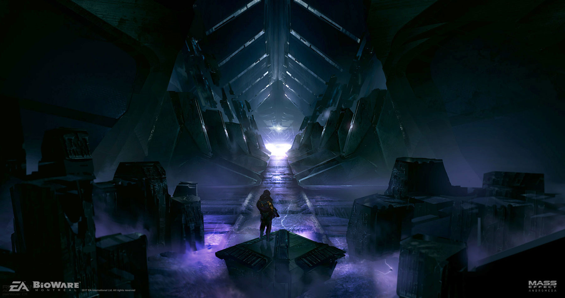ben lo, mass effect: andromeda, mass effect (series), concept art, highres, 1other, company logo, company name, copyright logo, copyright name, dark, from behind, full body, glowing, hallway, indoors, mini person, painterly, scenery, science fiction, solo, spacecraft interior, standing