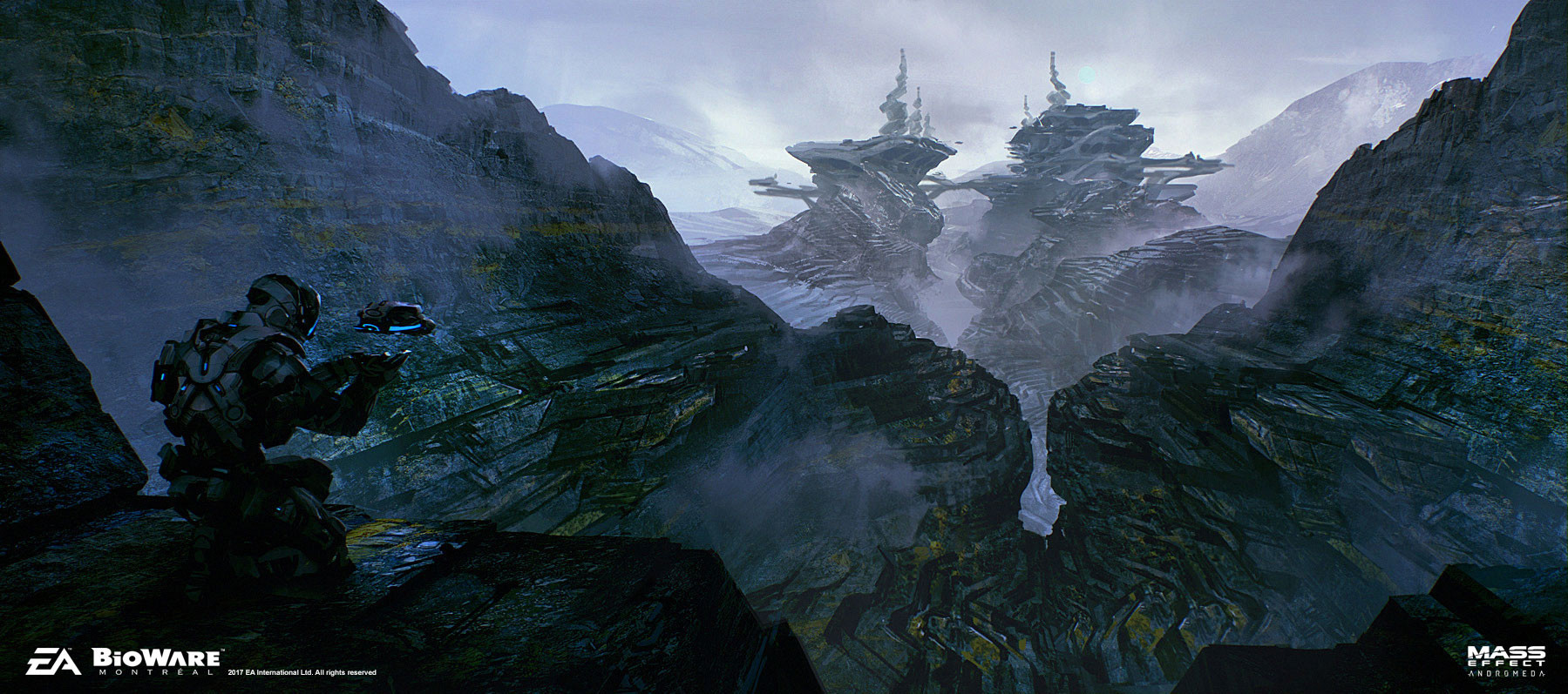 ben lo, mass effect: andromeda, mass effect (series), commentary, concept art, highres, 1other, above clouds, armor, building, cloud, company logo, company name, copyright logo, copyright name, drone, gun, holding, holding gun, holding weapon, mountainous horizon, outdoors, overcast, painterly, rifle, rock, scenery, science fiction, sky, spire, squatting, stairs, valley, village, weapon