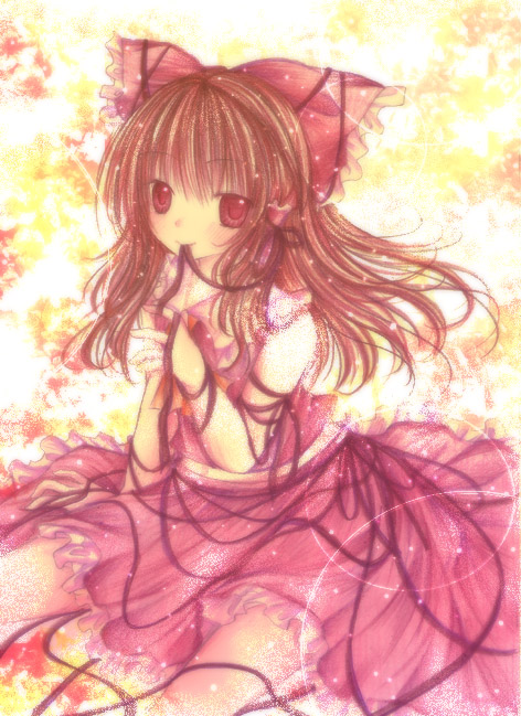 kasuga sunao, hakurei reimu, touhou, bad id, bad pixiv id, 1girl, female focus, japanese clothes, miko, ribbon, skirt, solo