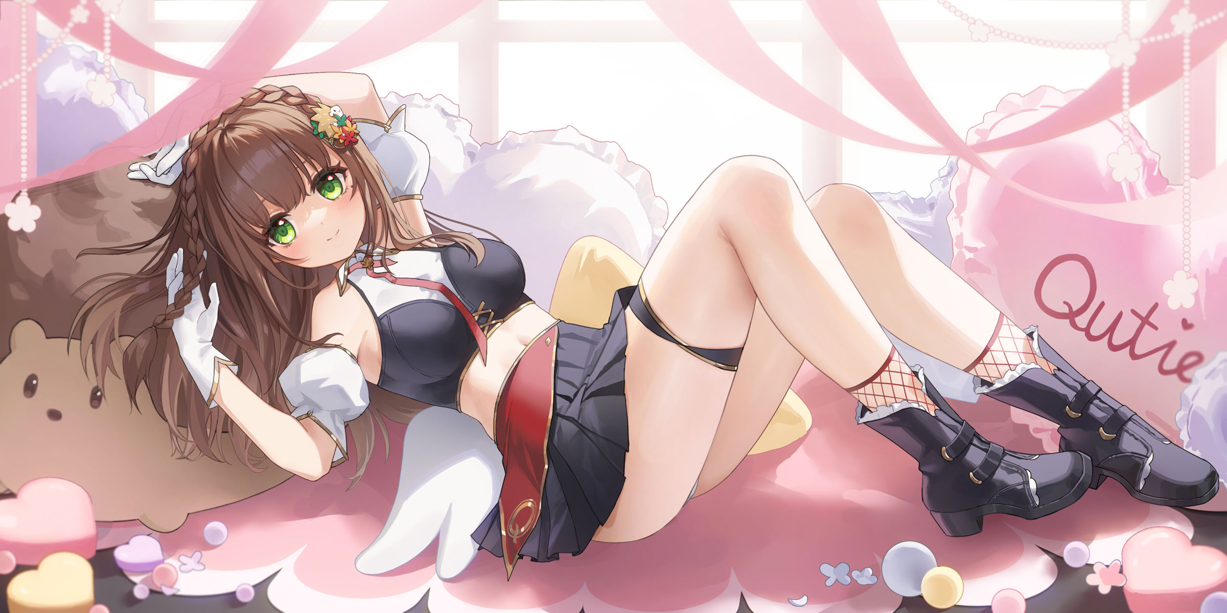 yukiri (l ii), original, character request, chinese commentary, commentary request, copyright request, highres, 1girl, arm cuffs, armpits, black shirt, black shoes, black skirt, blush, braid, breasts, brown hair, crop top, fishnet socks, fishnets, flower, full body, gloves, green eyes, hair flower, hair ornament, high heels, looking at viewer, lying, medium breasts, midriff, navel, on back, on bed, panties, pantyshot, pillow, shirt, shoes, sideboob, skirt, sleeveless, sleeveless shirt, smile, socks, solo, thigh strap, thighs, underwear, white gloves, white panties