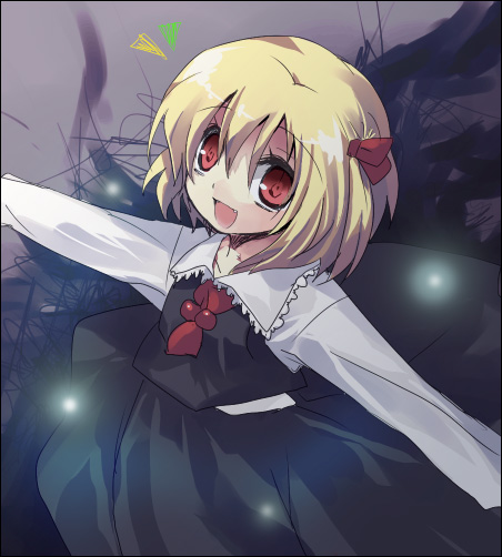 hanepochi, rumia, embodiment of scarlet devil, touhou, bad id, bad pixiv id, 1girl, blonde hair, fang, female focus, outstretched arms, red eyes, ribbon, short hair, solo, spread arms, standing