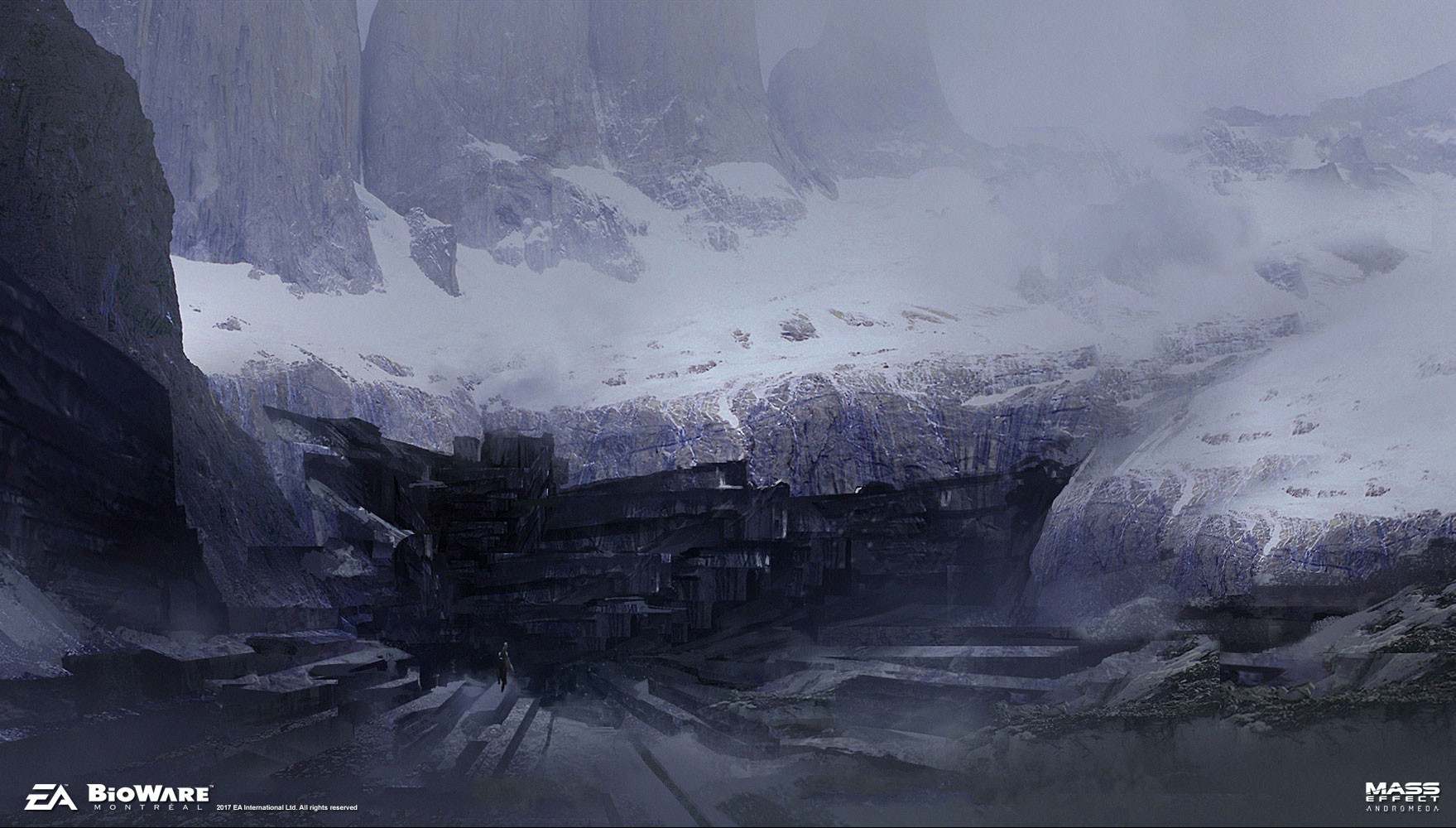 ben lo, mass effect: andromeda, mass effect (series), commentary, concept art, highres, blurry, blurry background, cliff, crack, depth of field, hole, ice, mountainous horizon, no humans, painterly, river, scenery, snow, snowing