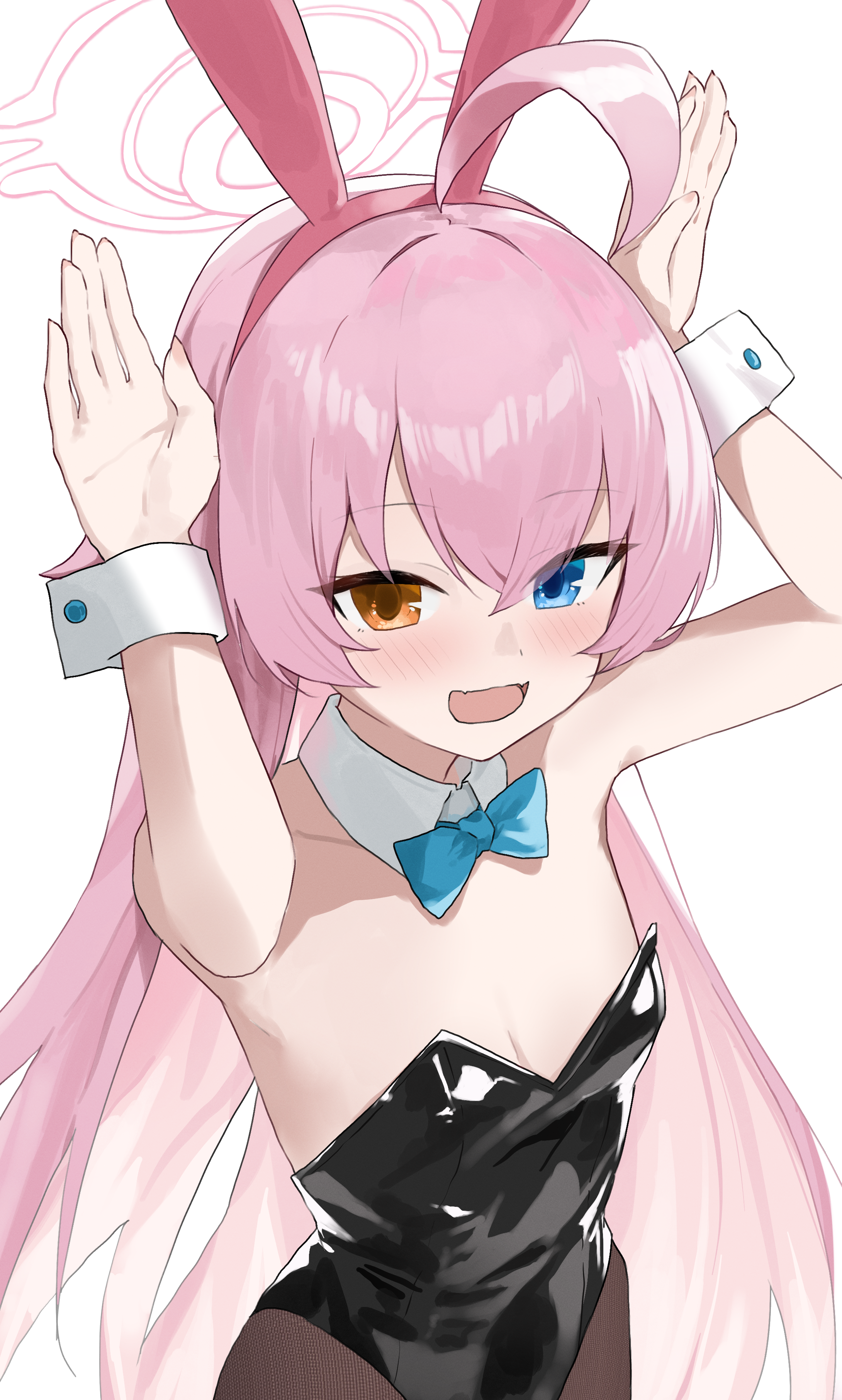 evening rabbit, hoshino (blue archive), blue archive, absurdres, highres, 1girl, ahoge, alternate costume, animal ear hairband, animal ears, arms up, black leotard, bow, bowtie, breasts, detached collar, fake animal ears, hairband, halo, heterochromia, highleg, highleg leotard, huge ahoge, leotard, long hair, looking at viewer, pantyhose, pink hair, pink halo, playboy bunny, rabbit ear hairband, rabbit ears, rabbit pose, small breasts, smile, solo, strapless, strapless leotard, white background, white wrist cuffs, wrist cuffs