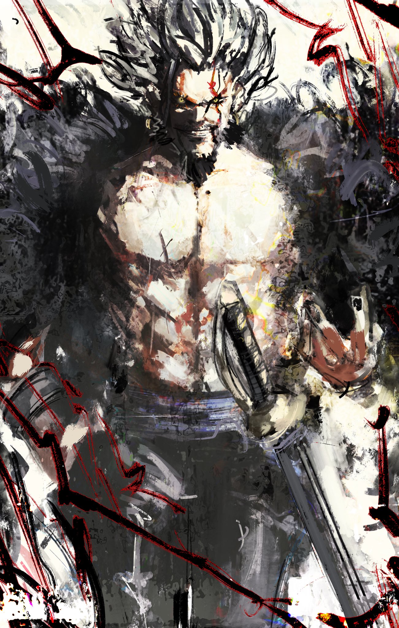kyezzzz, black lightning, rocks d. xebec, one piece, highres, painting (medium), traditional media, 1boy, black hair, coat, cowboy shot, facial hair, fur coat, goatee, grin, haki (one piece), male focus, multicolored hair, muscular, muscular male, pants, red lightning, scabbard, sheath, smile, solo, sword, two-tone hair, weapon, white hair, yellow eyes