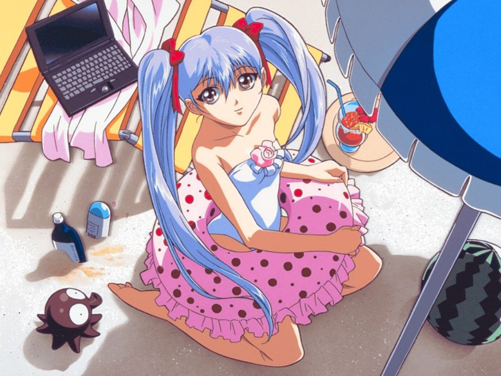 yamaoka shin'ichi, hoshino ruri, kidou senkan nadesico, jpeg artifacts, official art, official wallpaper, 1girl, beach umbrella, blue hair, casual one-piece swimsuit, computer, computer keyboard, female focus, food, fruit, innertube, laptop, lotion, octopus, one-piece swimsuit, polka dot, sand, solo, sunscreen, swim ring, swimsuit, twintails, umbrella, watermelon