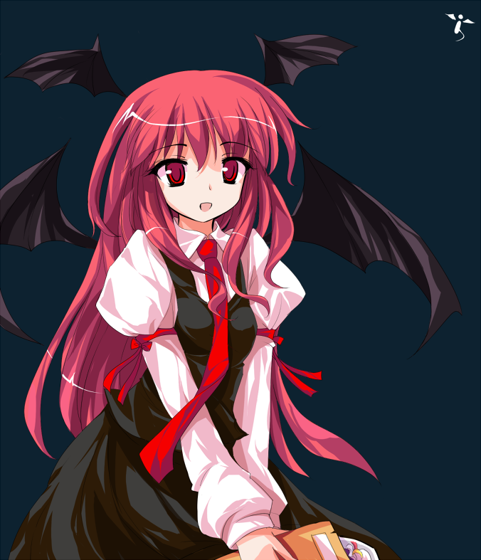 ideolo, koakuma, patchouli knowledge, embodiment of scarlet devil, touhou, 1girl, :d, alphes (style), armband, bat wings, book, bookmark, cameo, crescent, female focus, hat, head wings, long hair, necktie, open mouth, parody, purple hair, red eyes, red hair, red necktie, simple background, skirt, smile, solo, style parody, v arms, very long hair, vest, wings